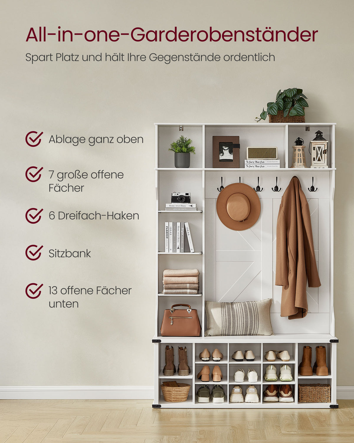 Garderobe mit Schuhregal – 4-in-1-Eingangsmöbel – Bank, Regale und Haken – 130 cm breit – Weiß – Landhausstil