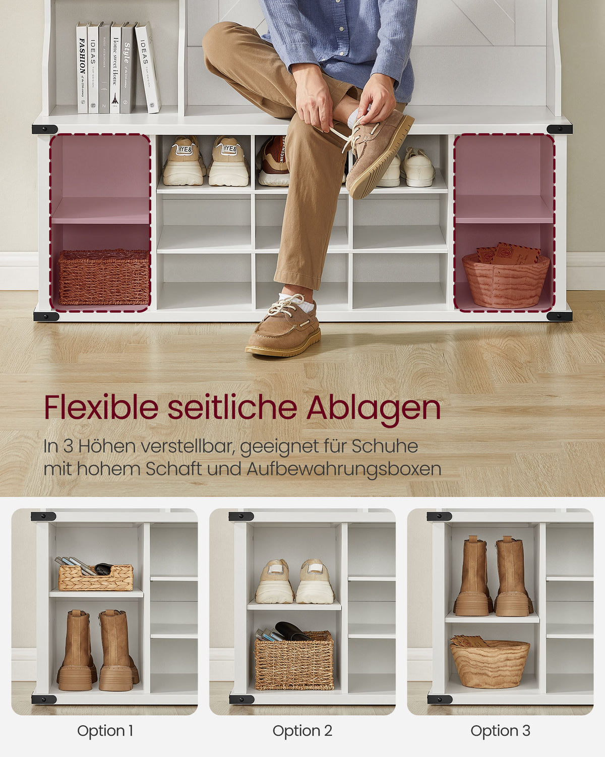 Garderobe mit Schuhregal – 4-in-1-Eingangsmöbel – Bank, Regale und Haken – 130 cm breit – Weiß – Landhausstil