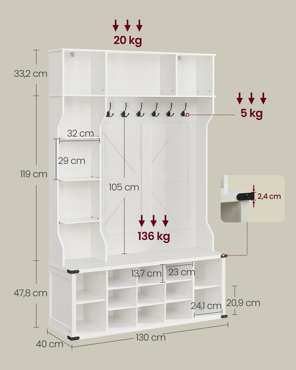 Garderobe mit Schuhregal – 4-in-1-Eingangsmöbel – Bank, Regale und Haken – 130 cm breit – Weiß – Landhausstil