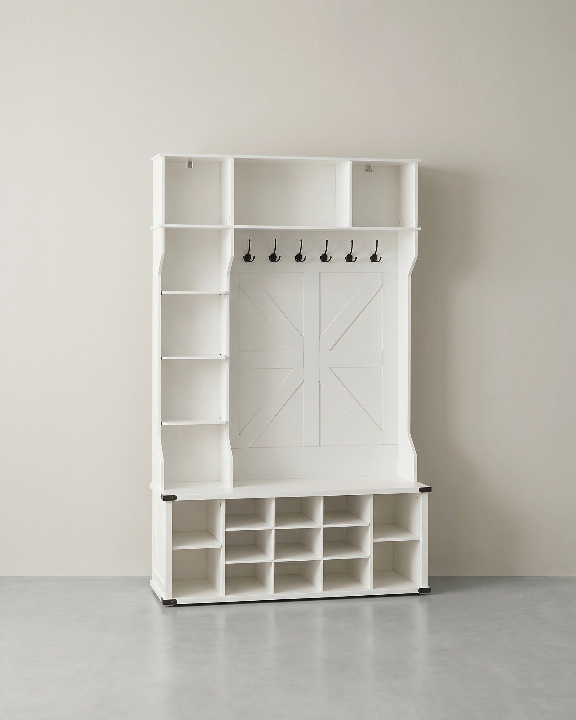 Garderobe mit Schuhregal – 4-in-1-Eingangsmöbel – Bank, Regale und Haken – 130 cm breit – Weiß – Landhausstil