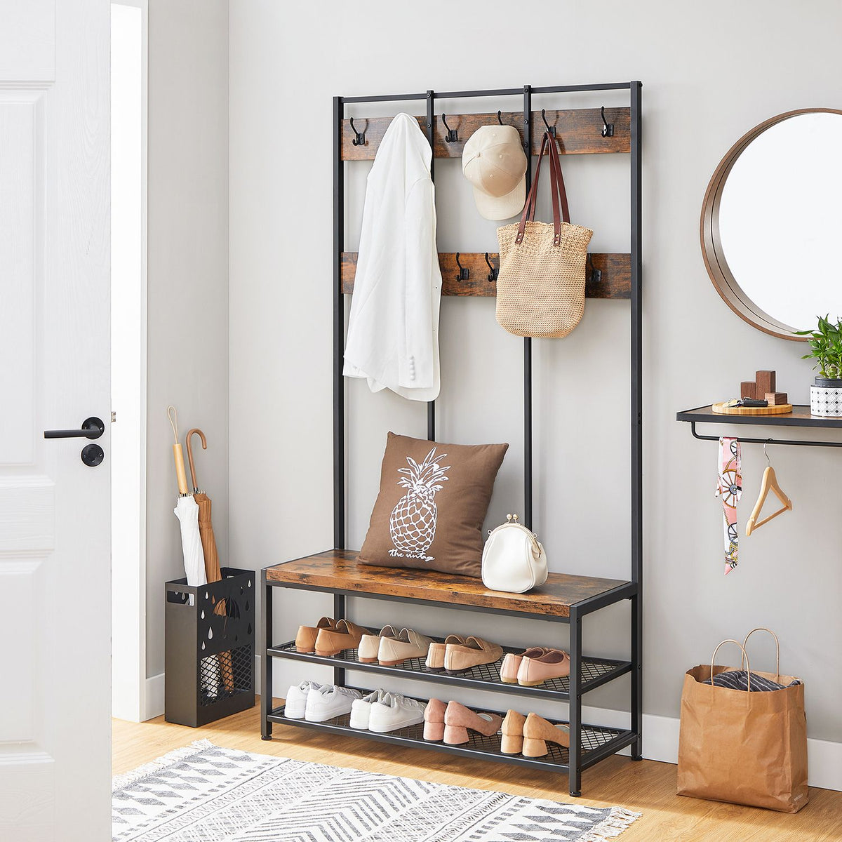 Garderobe mit Schuhregal und Sitzbank – Industriedesign – 100 cm breit – Mit 12 Haken