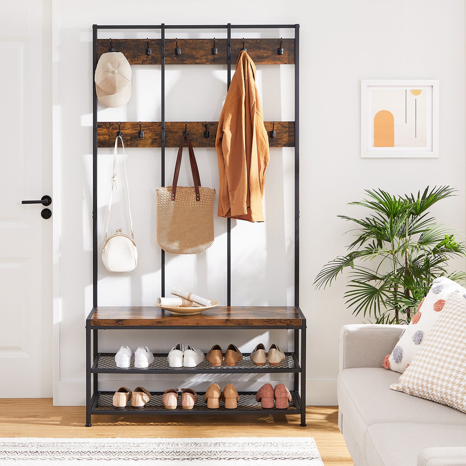 Garderobe mit Schuhregal und Sitzbank – Industriedesign – 100 cm breit – Mit 12 Haken