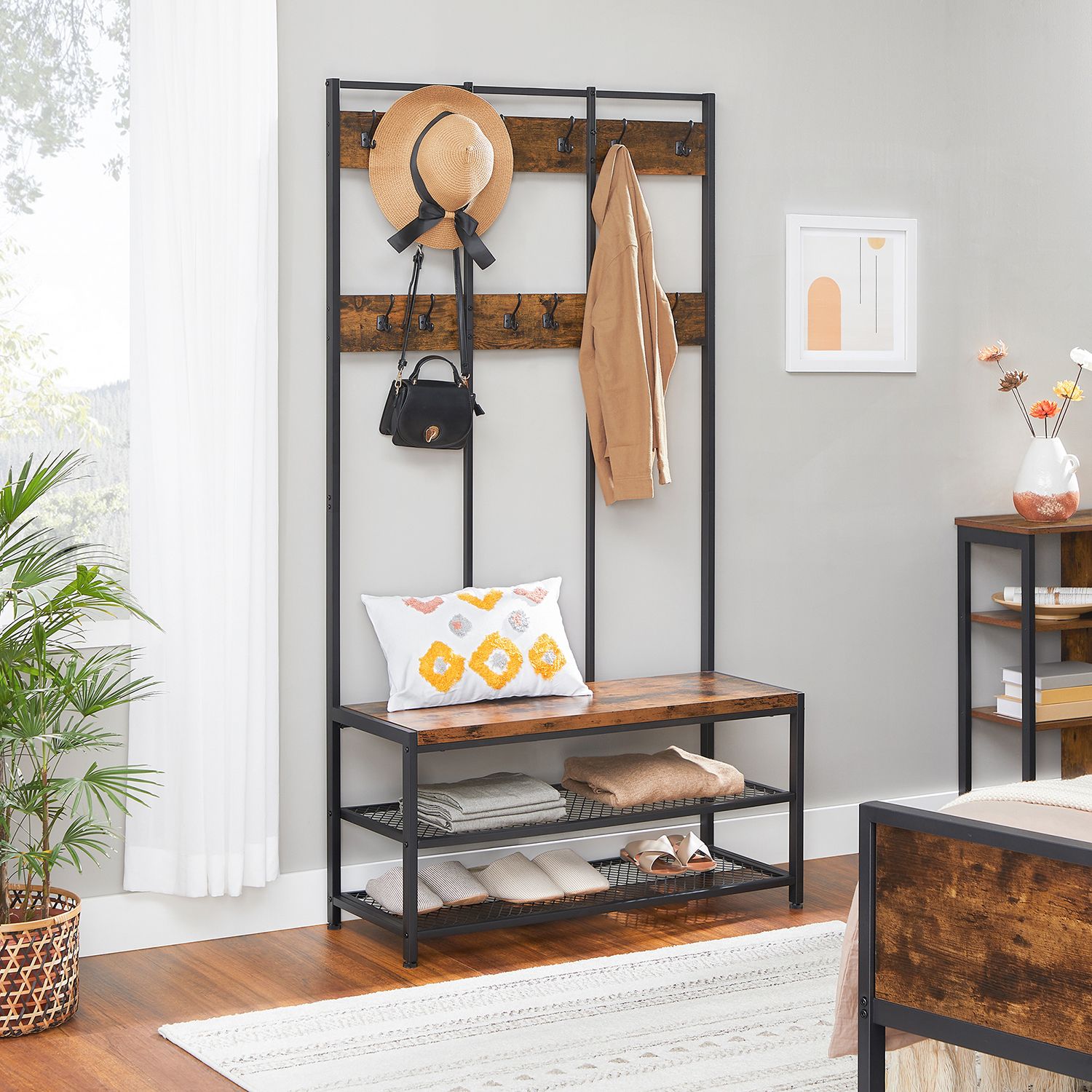 Garderobe mit Schuhregal und Sitzbank – Industriedesign – 100 cm breit – Mit 12 Haken
