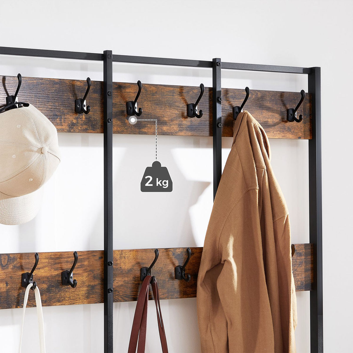 Garderobe mit Schuhregal und Sitzbank – Industriedesign – 100 cm breit – Mit 12 Haken