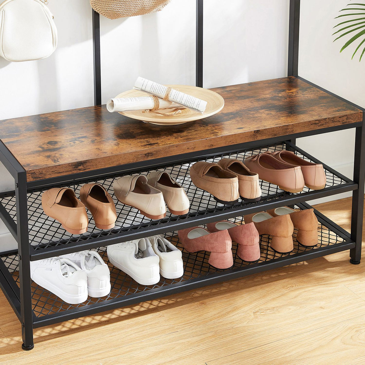 Garderobe mit Schuhregal und Sitzbank – Industriedesign – 100 cm breit – Mit 12 Haken