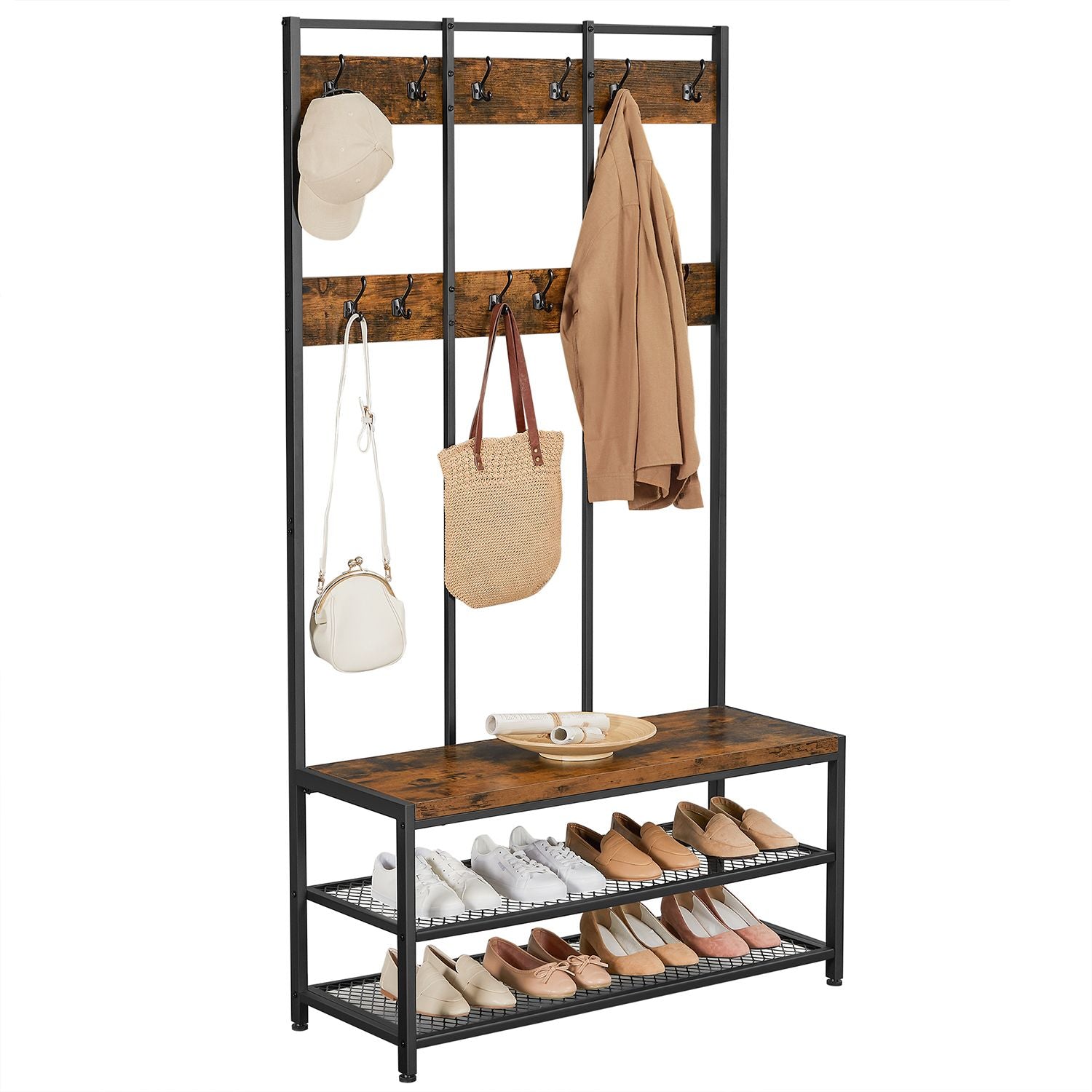 Garderobe mit Schuhregal und Sitzbank – Industriedesign – 100 cm breit – Mit 12 Haken