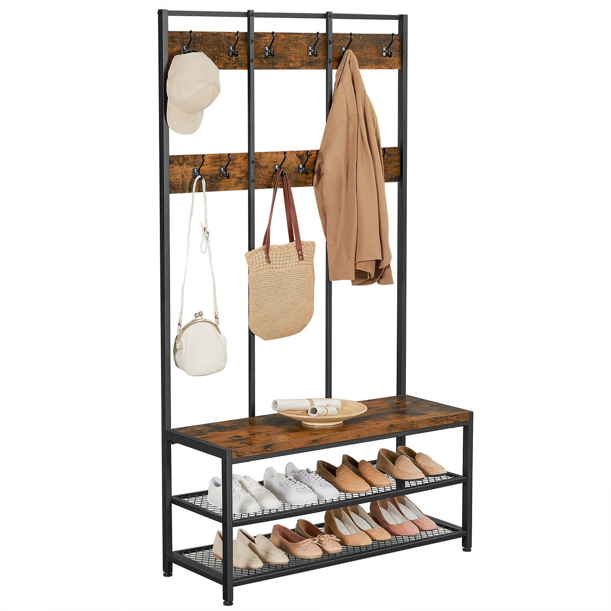 Garderobe mit Schuhregal und Sitzbank – Industriedesign – 100 cm breit – Mit 12 Haken