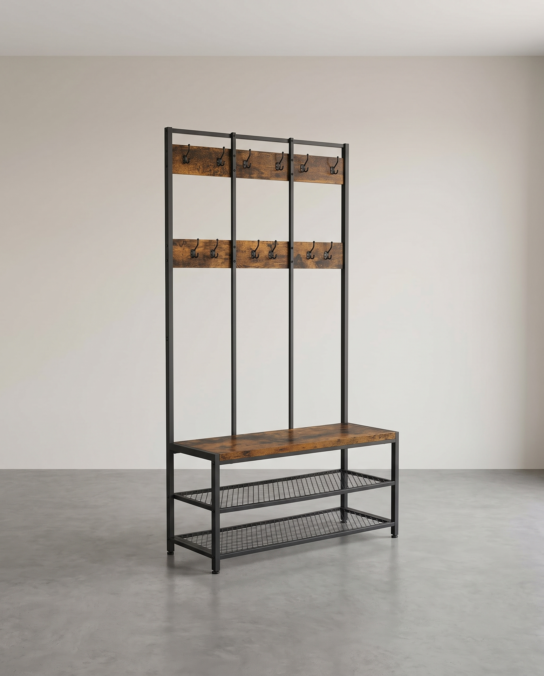 Garderobe mit Schuhregal und Sitzbank – Industriedesign – 100 cm breit – Mit 12 Haken
