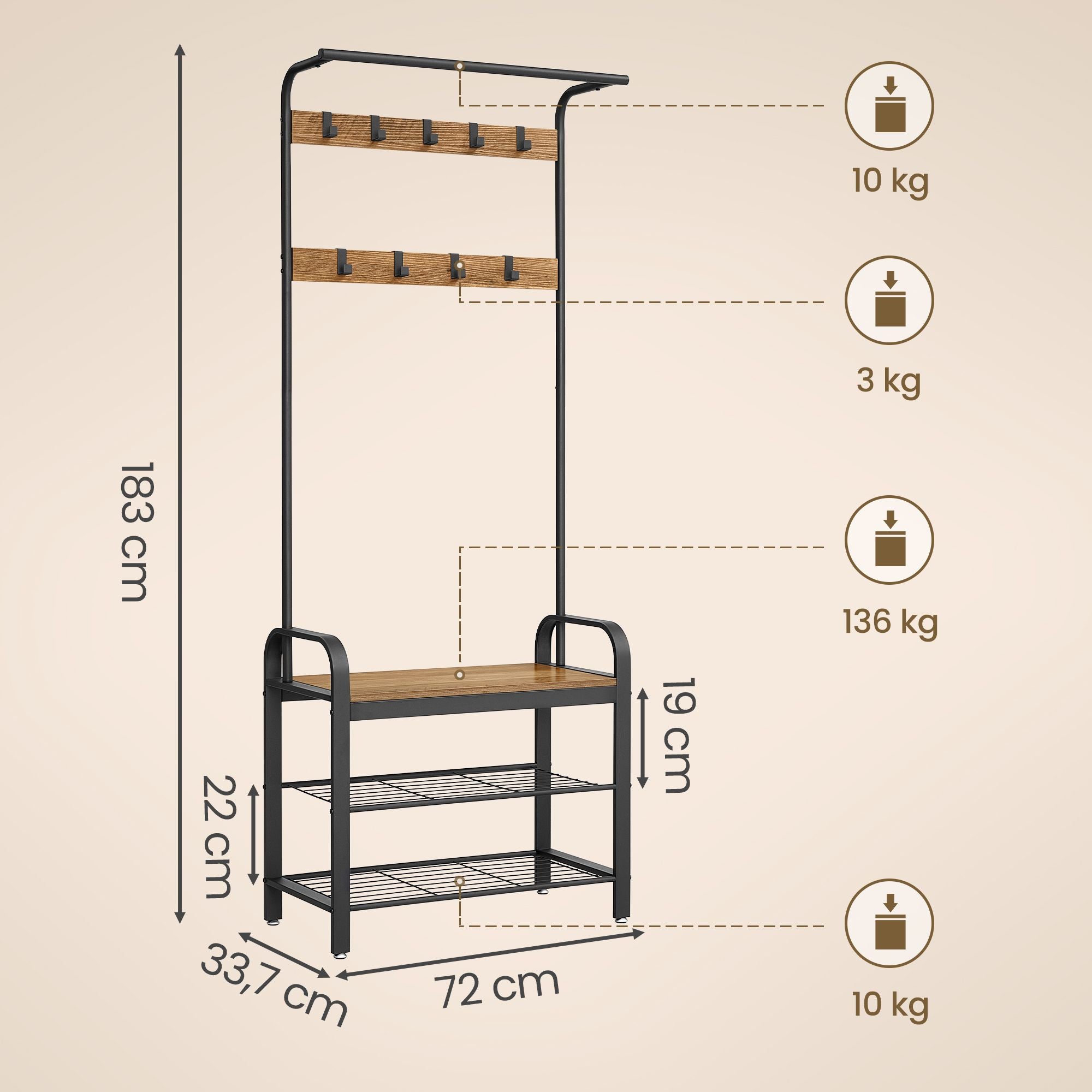 Garderobenständer 4-in-1 – Garderobenständer + Kleiderstange + Sitzbank + Schuhregal – Industrieller Stahl & Holz – Flurmöbel