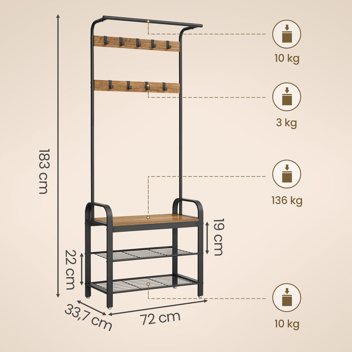 Garderobenständer 4-in-1 – Garderobenständer + Kleiderstange + Sitzbank + Schuhregal – Industrieller Stahl & Holz – Flurmöbel