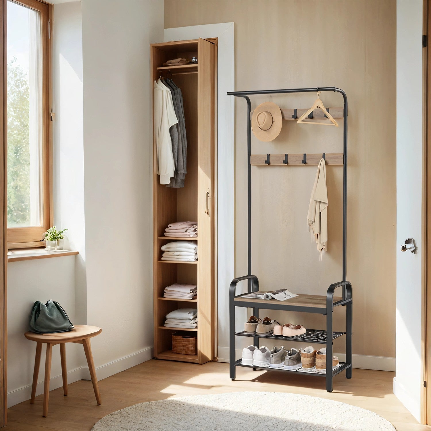 Garderobenständer 4-in-1 – Garderobenständer + Kleiderstange + Sitzbank + Schuhregal – Industrieller Stahl & Holz – Flurmöbel