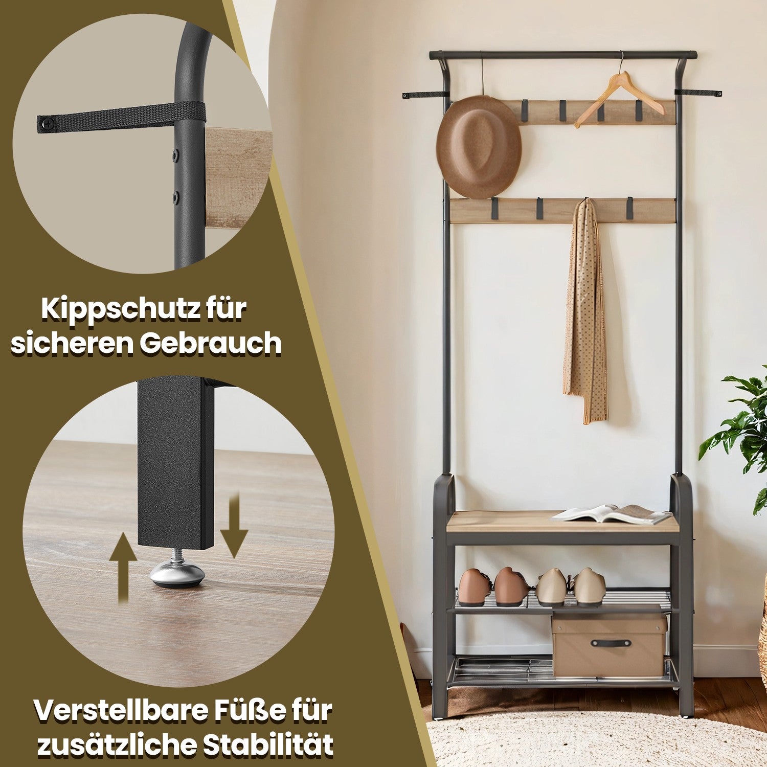 Garderobenständer 4-in-1 – Garderobenständer + Kleiderstange + Sitzbank + Schuhregal – Industrieller Stahl & Holz – Flurmöbel