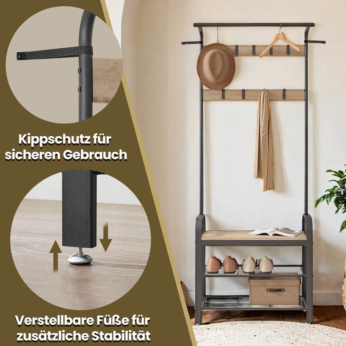 Garderobenständer 4-in-1 – Garderobenständer + Kleiderstange + Sitzbank + Schuhregal – Industrieller Stahl & Holz – Flurmöbel