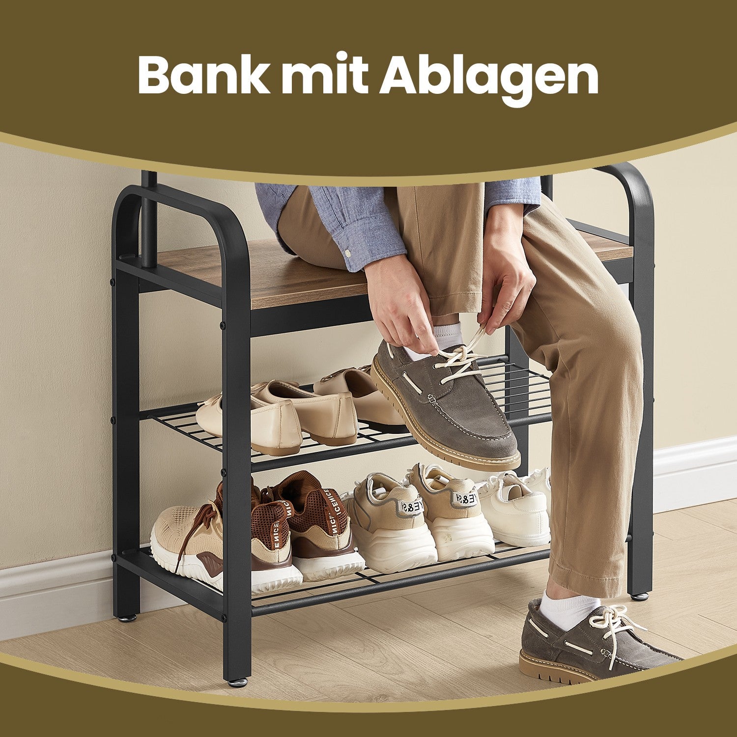 Garderobenständer 4-in-1 – Garderobenständer + Kleiderstange + Sitzbank + Schuhregal – Industrieller Stahl & Holz – Flurmöbel