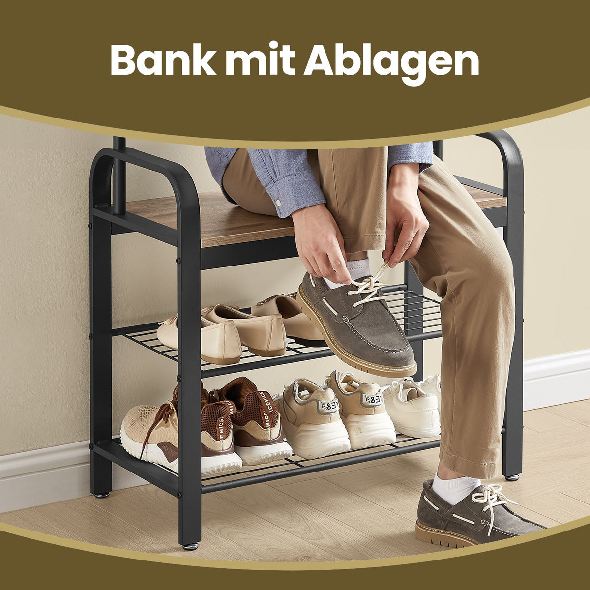 Garderobenständer 4-in-1 – Garderobenständer + Kleiderstange + Sitzbank + Schuhregal – Industrieller Stahl & Holz – Flurmöbel