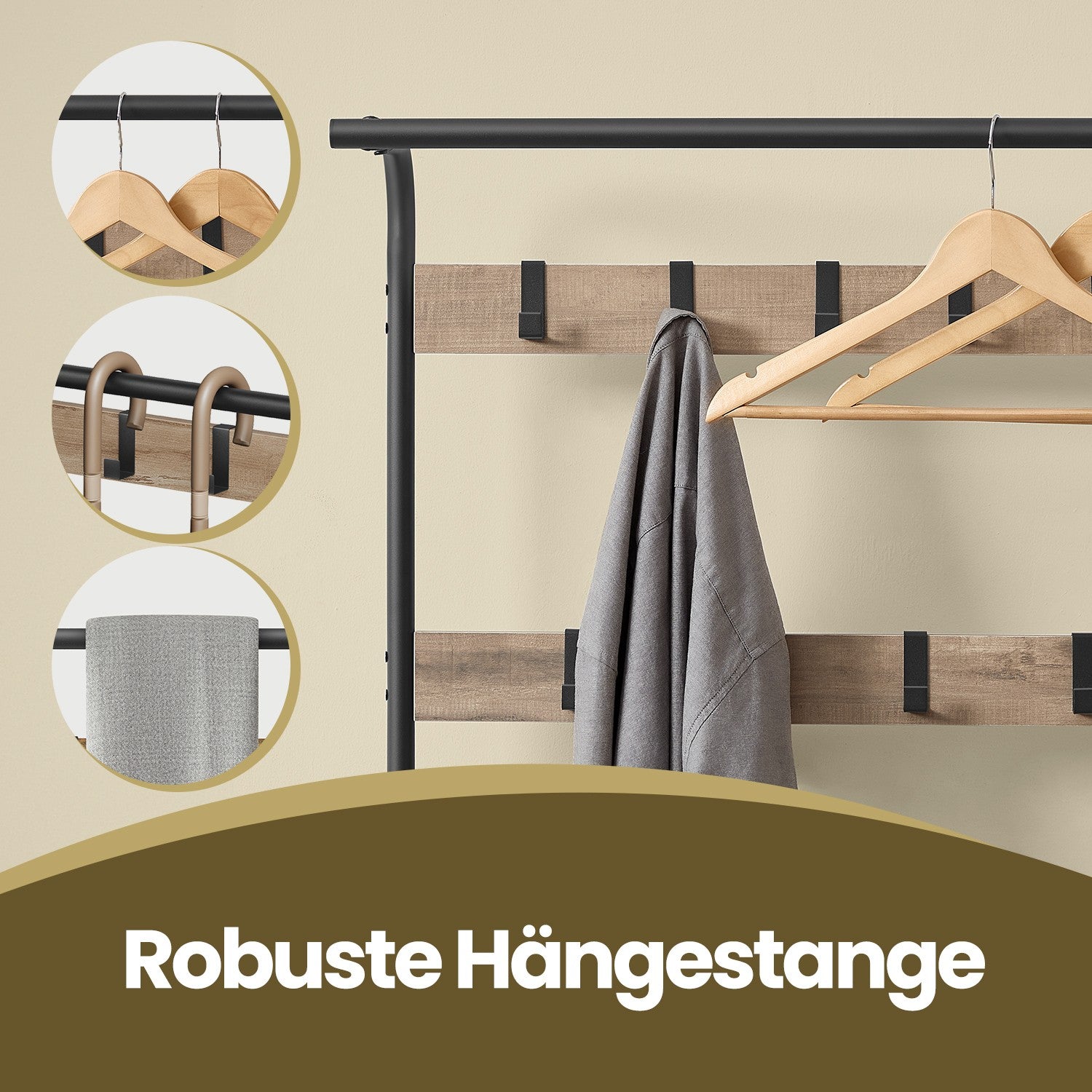 Garderobenständer 4-in-1 – Garderobenständer + Kleiderstange + Sitzbank + Schuhregal – Industrieller Stahl & Holz – Flurmöbel