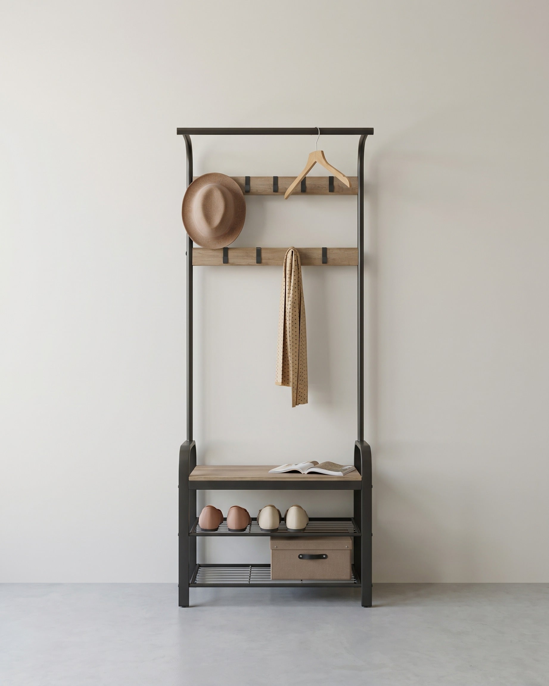 Garderobenständer 4-in-1 – Garderobenständer + Kleiderstange + Sitzbank + Schuhregal – Industrieller Stahl & Holz – Flurmöbel