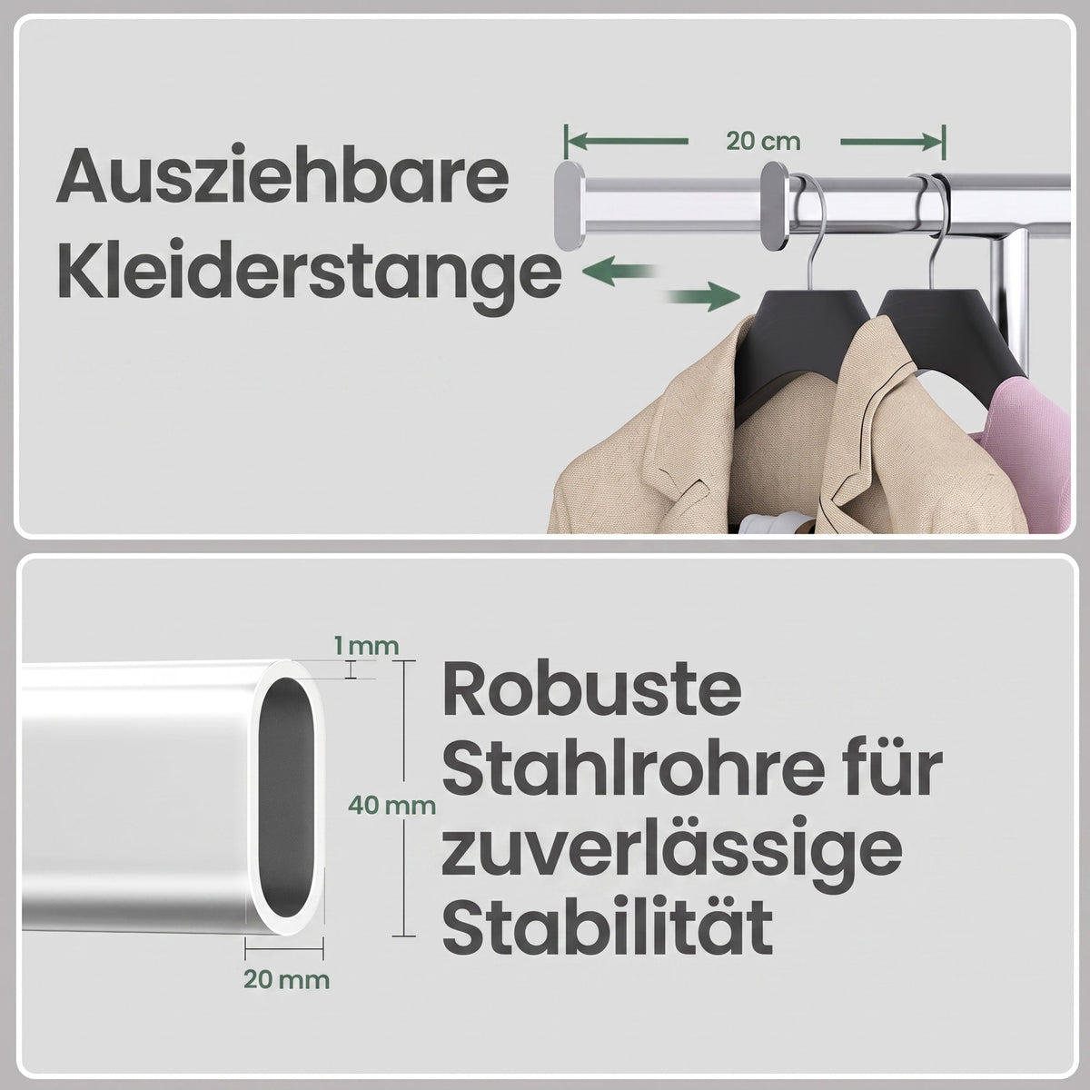 Kleiderständer auf Rollen – ausziehbar – Tragkraft 130 kg – Stahlrohre – feststellbare Rollen