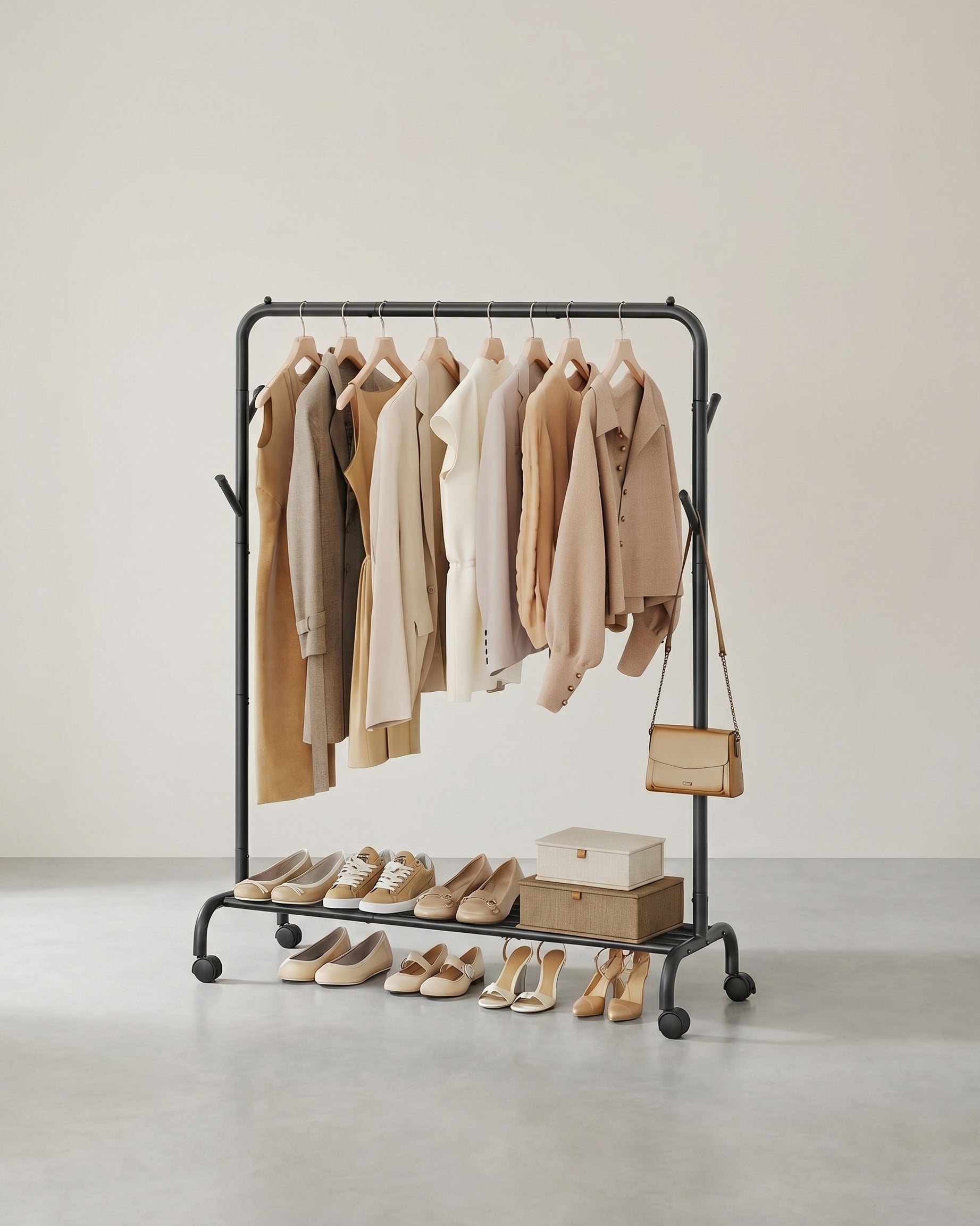 Mobiler Kleiderständer mit Haken und Ablage – Stabiler Stahl – Tragkraft 50 kg – Schwarz