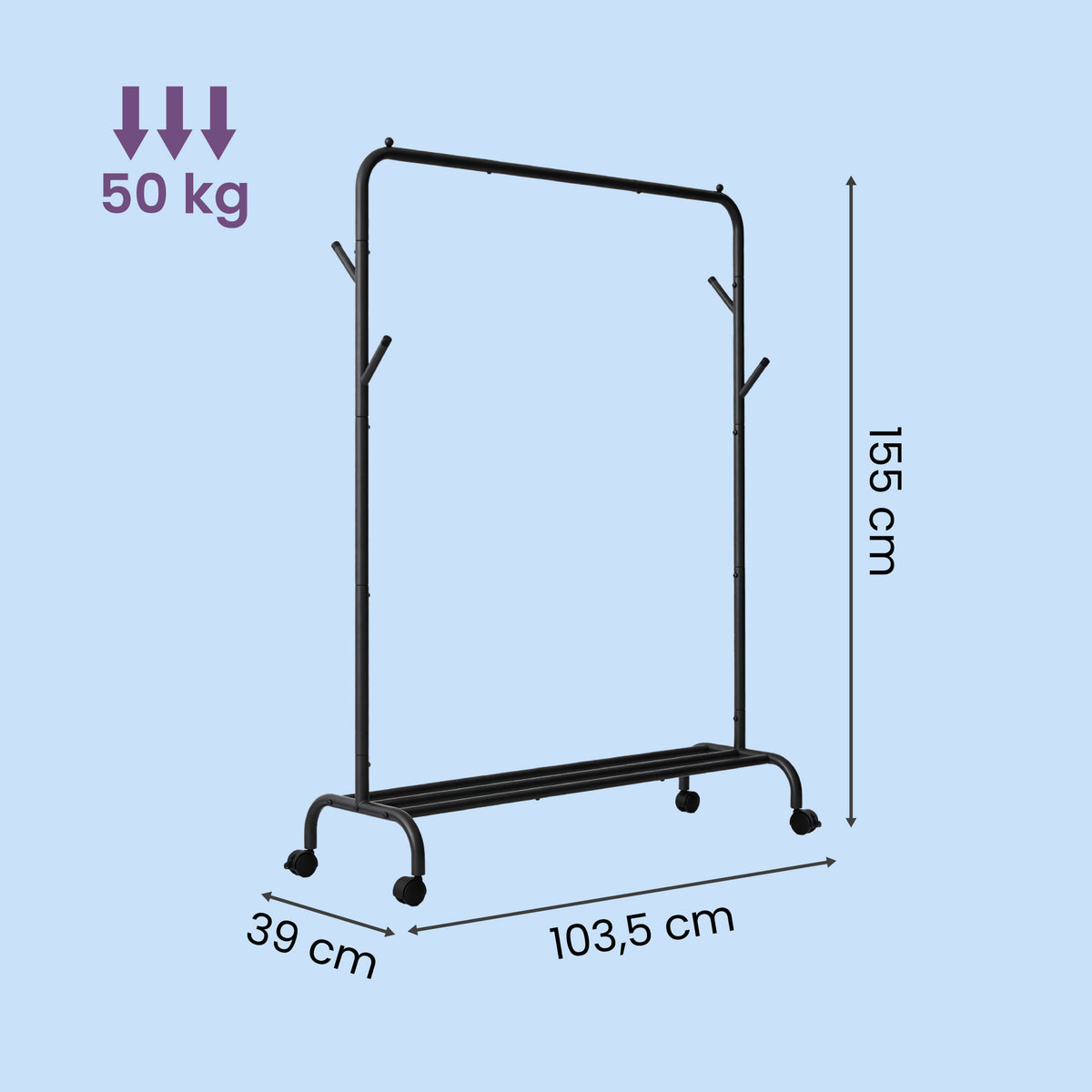 Mobiler Kleiderständer mit Haken und Ablage – Stabiler Stahl – Tragkraft 50 kg