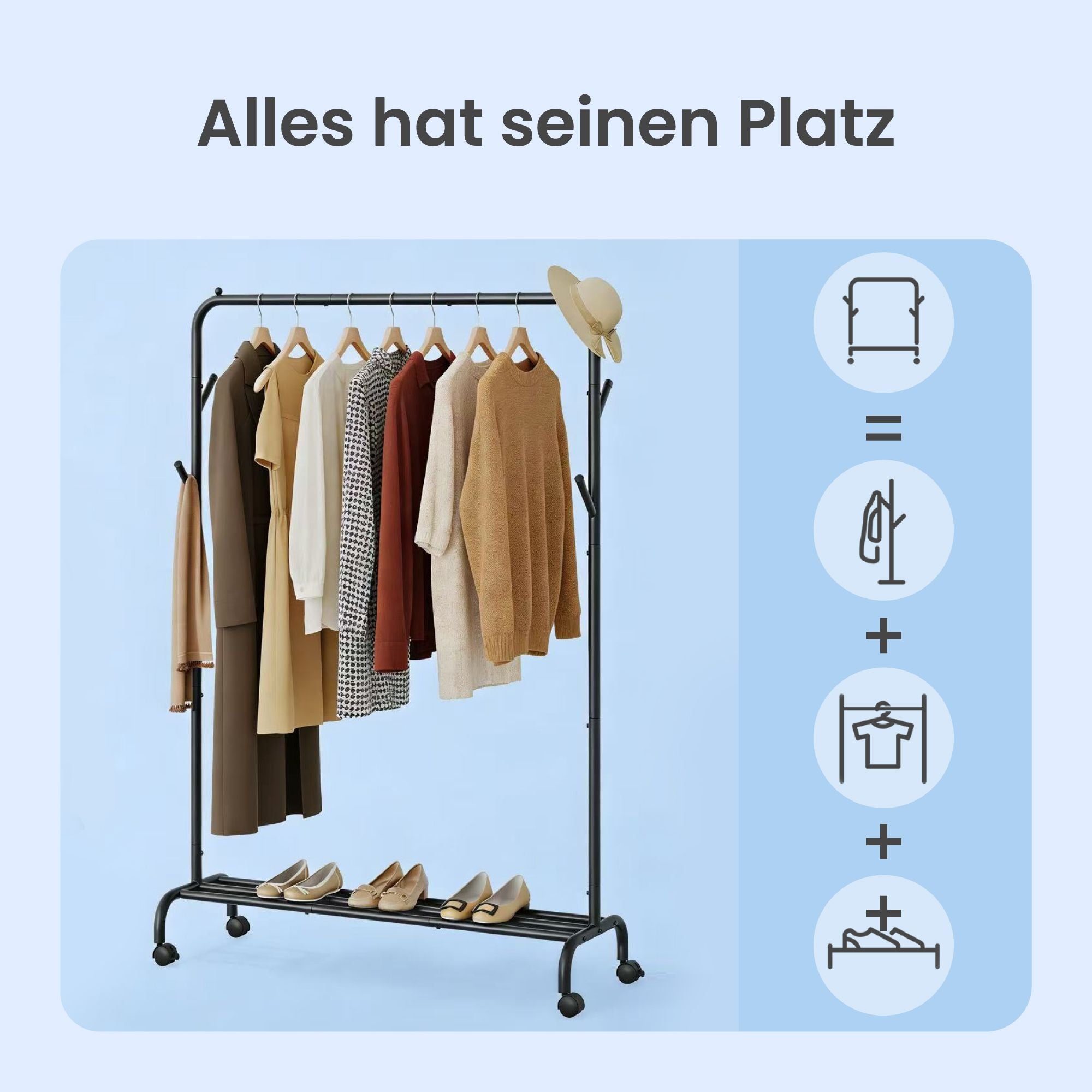 Mobiler Kleiderständer mit Haken und Ablage – Stabiler Stahl – Tragkraft 50 kg