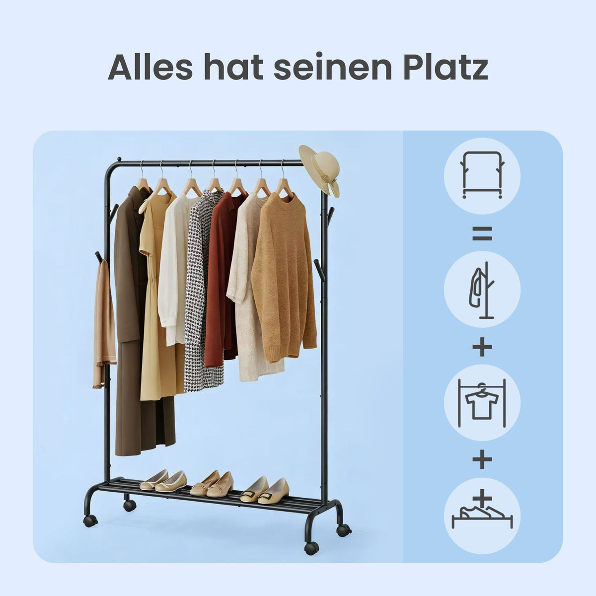 Mobiler Kleiderständer mit Haken und Ablage – Stabiler Stahl – Tragkraft 50 kg