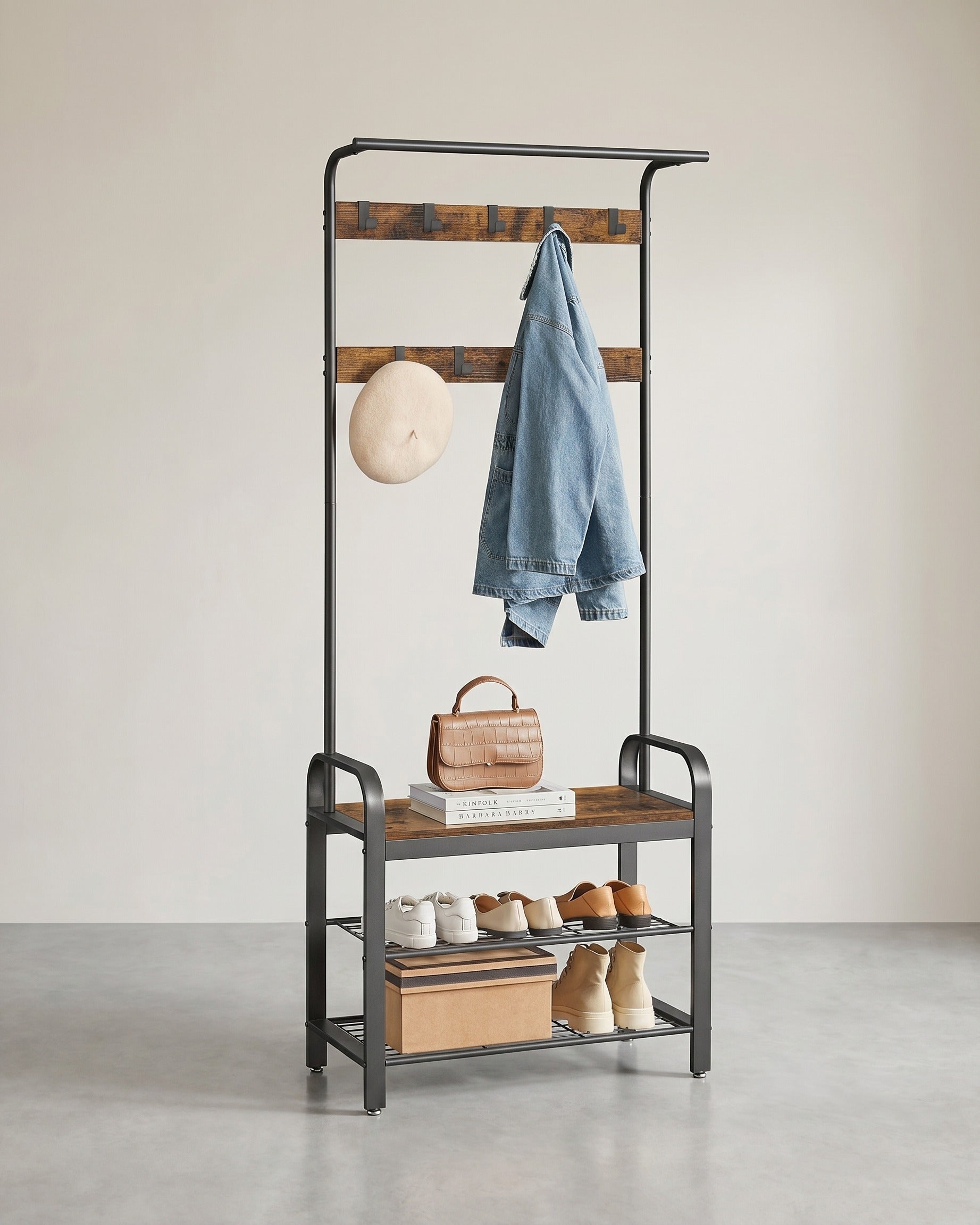Garderobenständer 4-in-1 – Garderobenständer + Kleiderstange + Sitzbank + Schuhregal – Industrieller Stahl & Holz – Flurmöbel