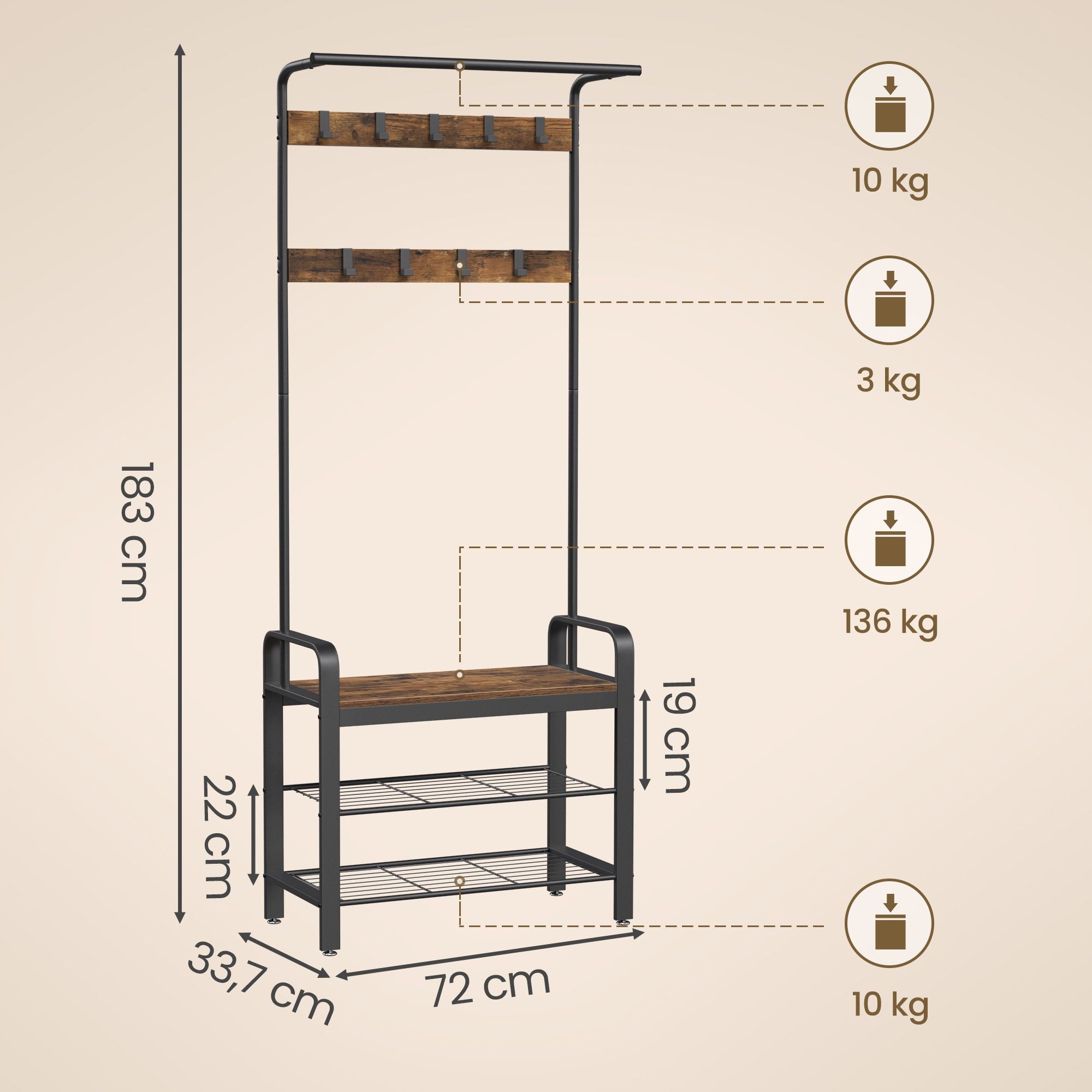 Garderobenständer 4-in-1 – Garderobenständer + Kleiderstange + Sitzbank + Schuhregal – Industrieller Stahl & Holz – Flurmöbel