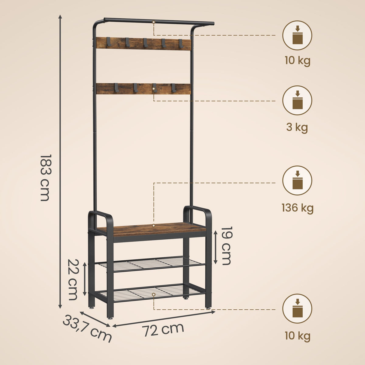 Garderobenständer 4-in-1 – Garderobenständer + Kleiderstange + Sitzbank + Schuhregal – Industrieller Stahl & Holz – Flurmöbel