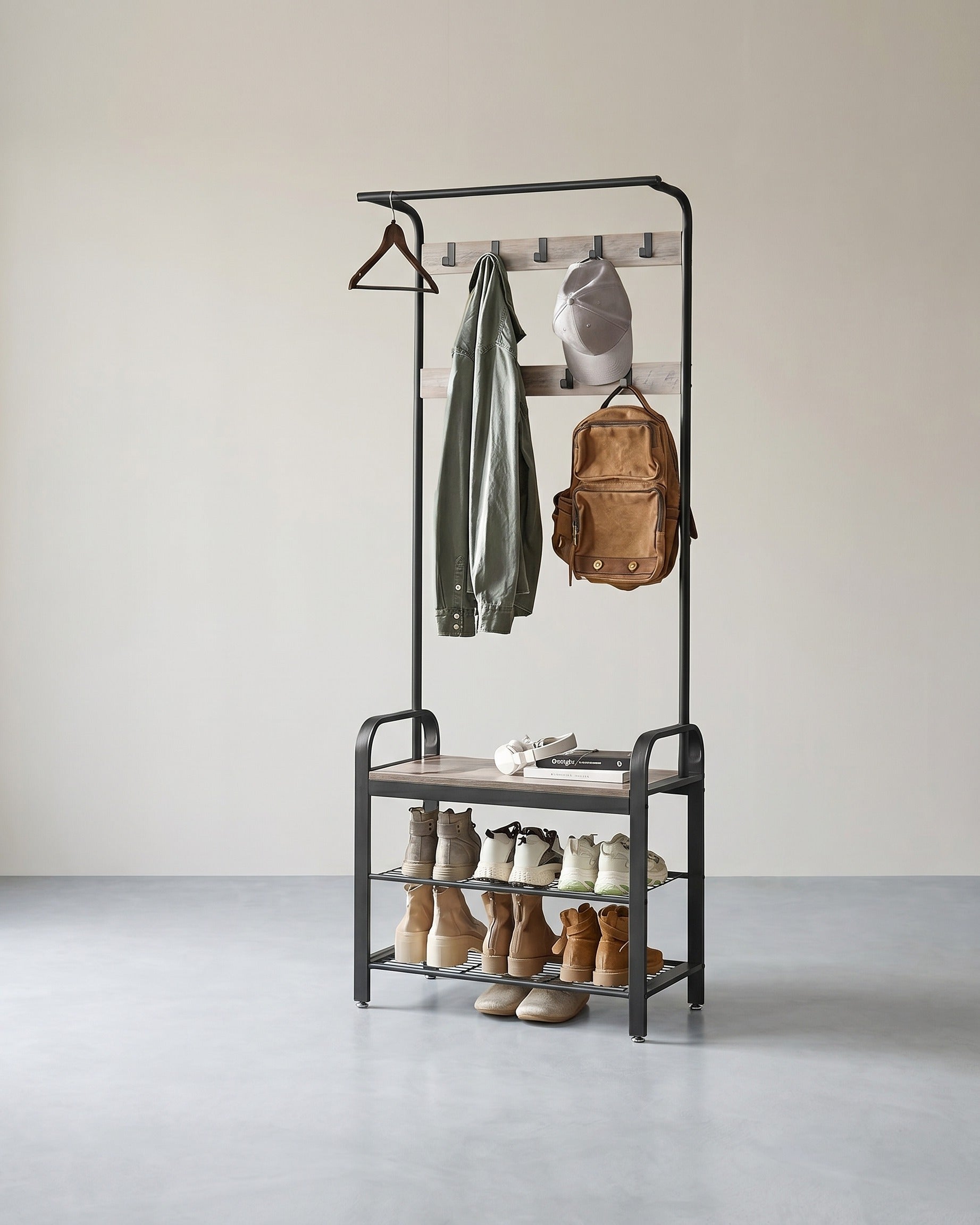 Garderobenständer 4-in-1 – Garderobenständer + Kleiderstange + Sitzbank + Schuhregal – Industrieller Stahl & Holz – Flurmöbel