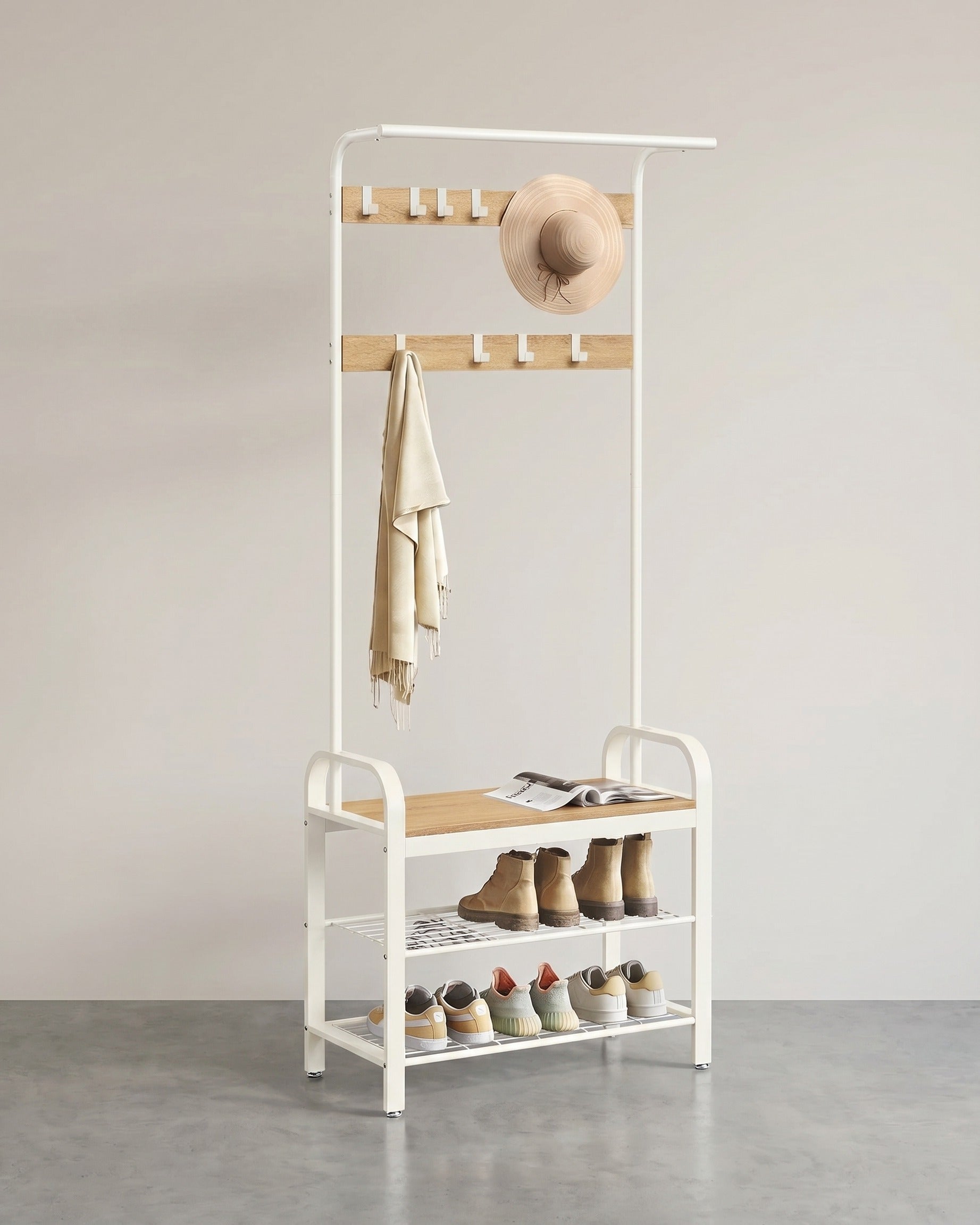 Garderobenständer 4-in-1 – Garderobenständer + Kleiderstange + Sitzbank + Schuhregal – Industrieller Stahl & Holz – Flurmöbel