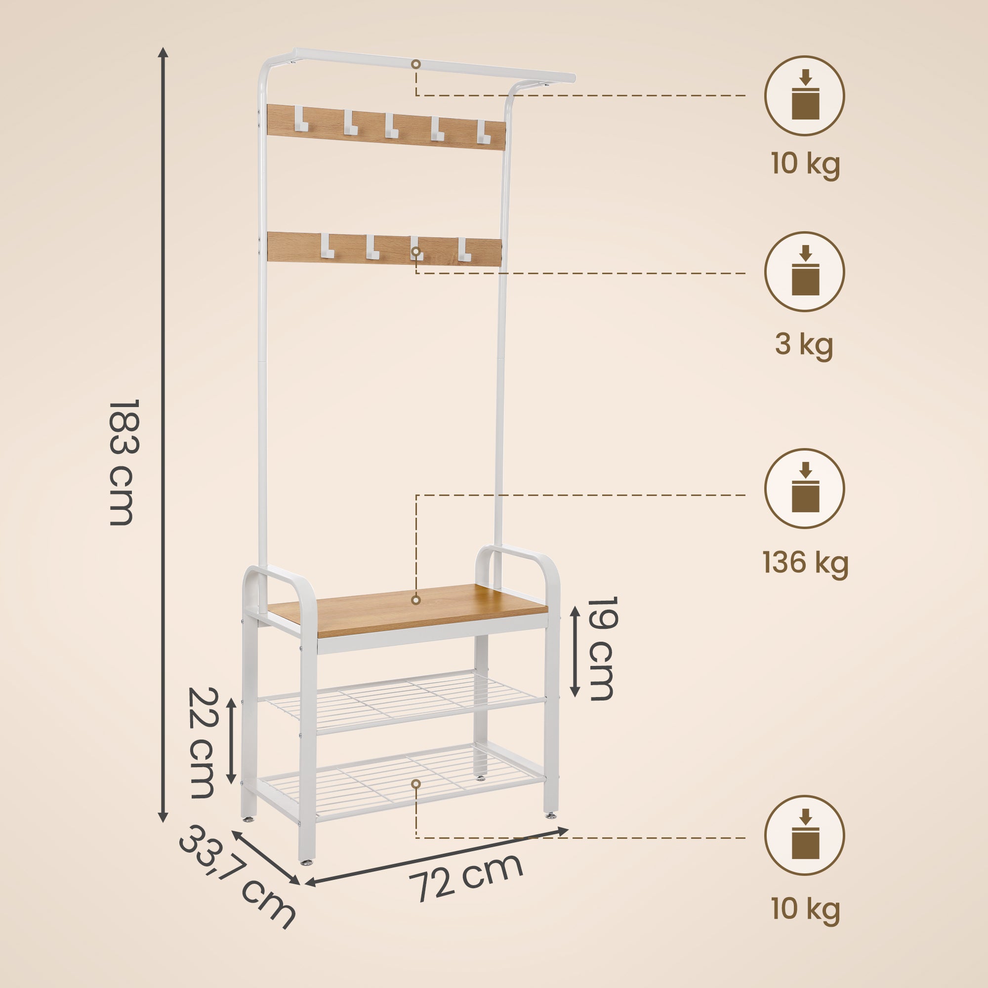 Garderobenständer 4-in-1 – Garderobenständer + Kleiderstange + Sitzbank + Schuhregal – Industrieller Stahl & Holz – Flurmöbel