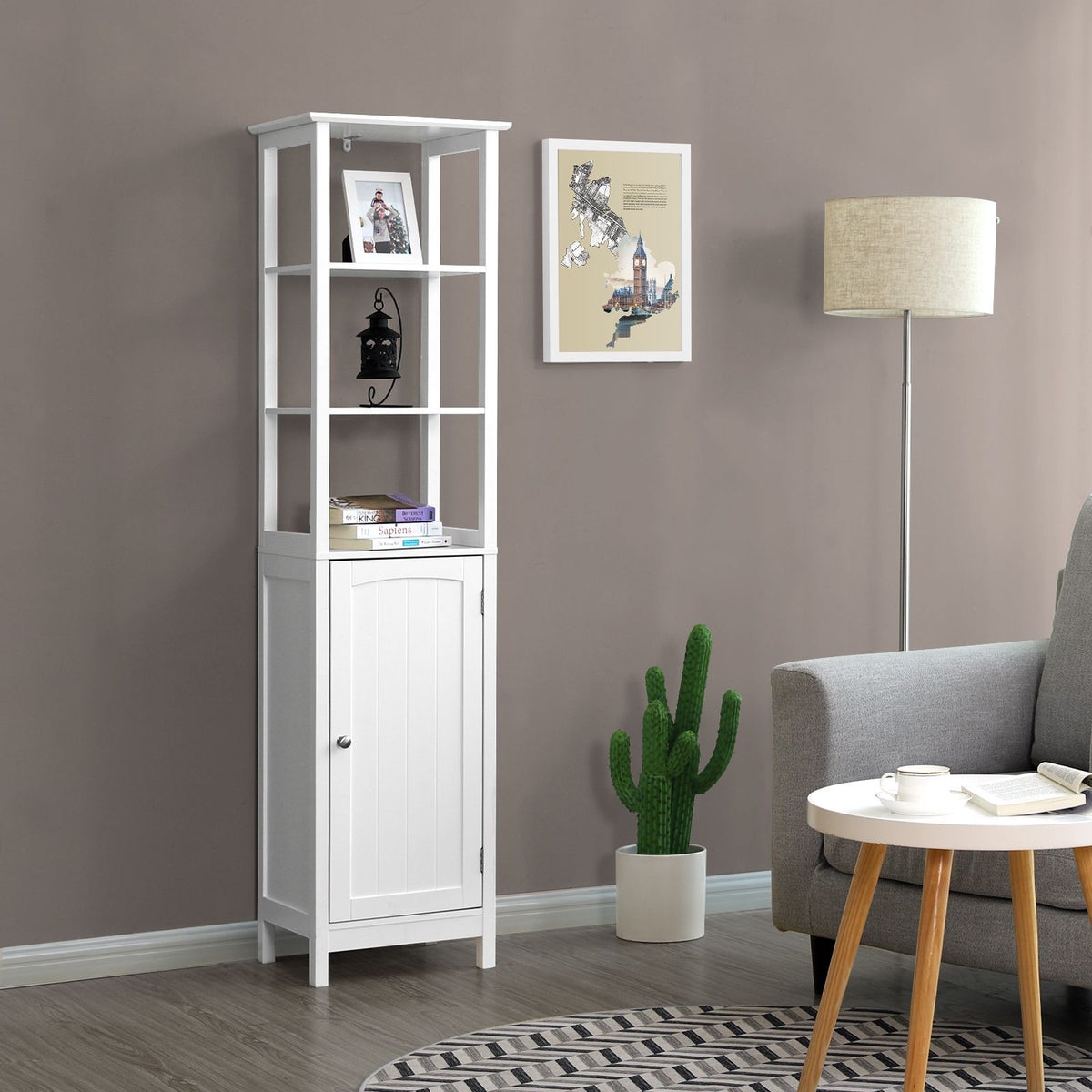 Badezimmer-Hochschrank mit Tür und offenen Regalen – 160 cm hoch – für Badezimmer, Küche oder Flur