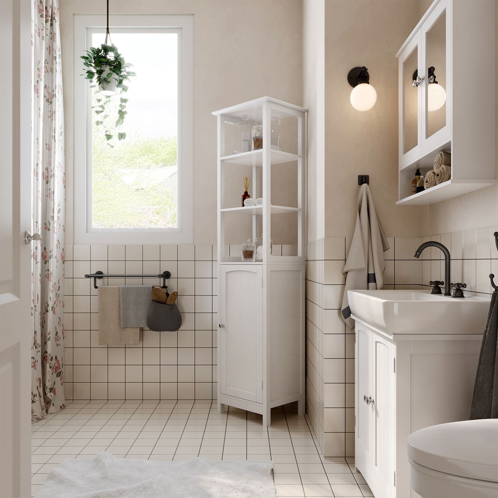 Badezimmer-Hochschrank mit Tür und offenen Regalen – 160 cm hoch – für Badezimmer, Küche oder Flur
