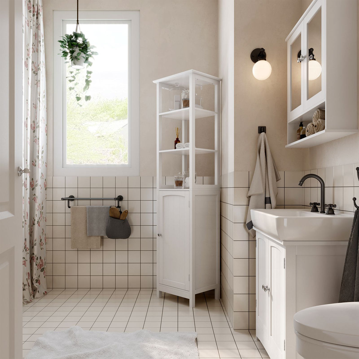 Badezimmer-Hochschrank mit Tür und offenen Regalen – 160 cm hoch – für Badezimmer, Küche oder Flur