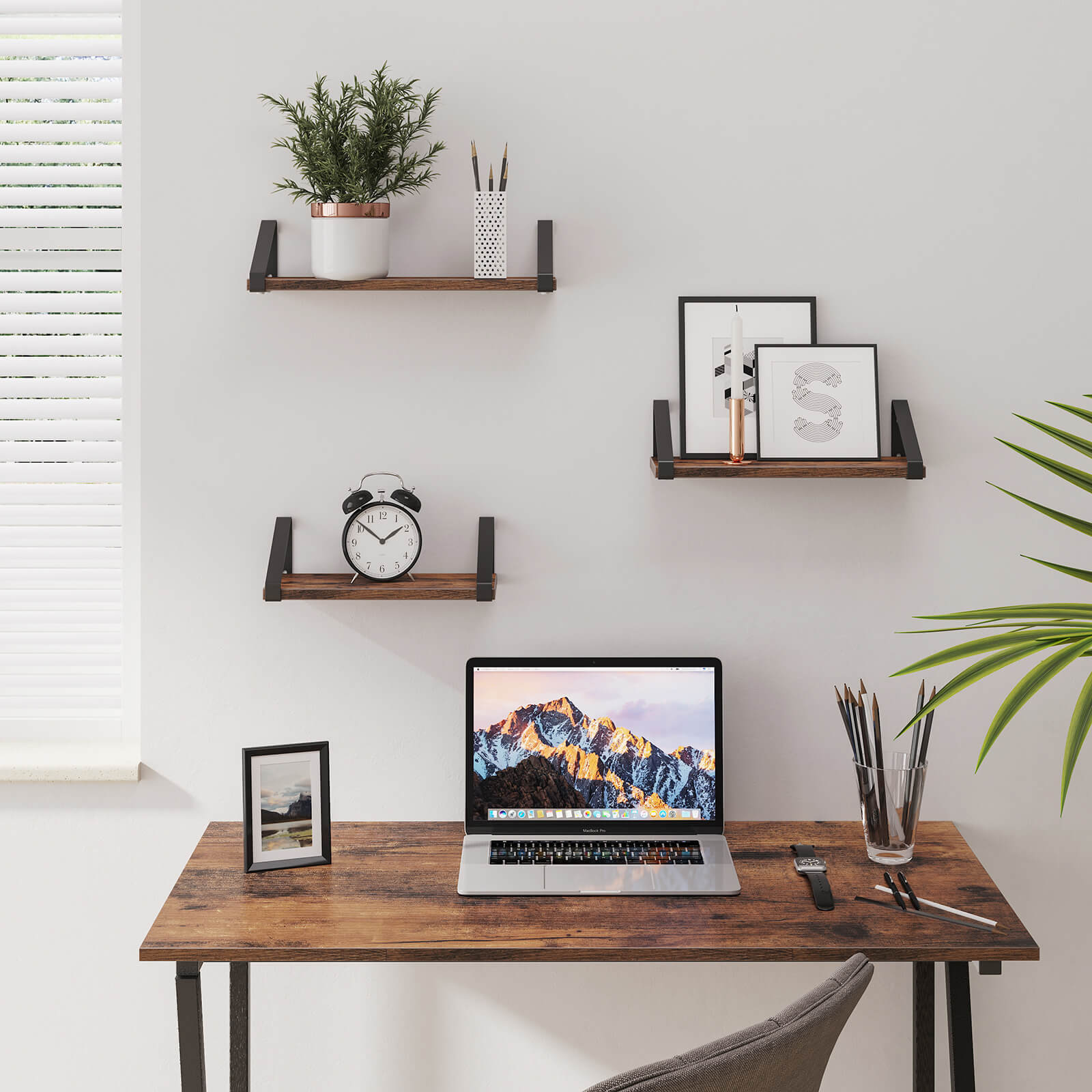 Wandregale 3er-Set – Schwebendes Wandregal im Industriestil – Holzoptik mit Metallhalterungen – Für Wohnzimmer, Bad oder Küche – Rustikales Braun