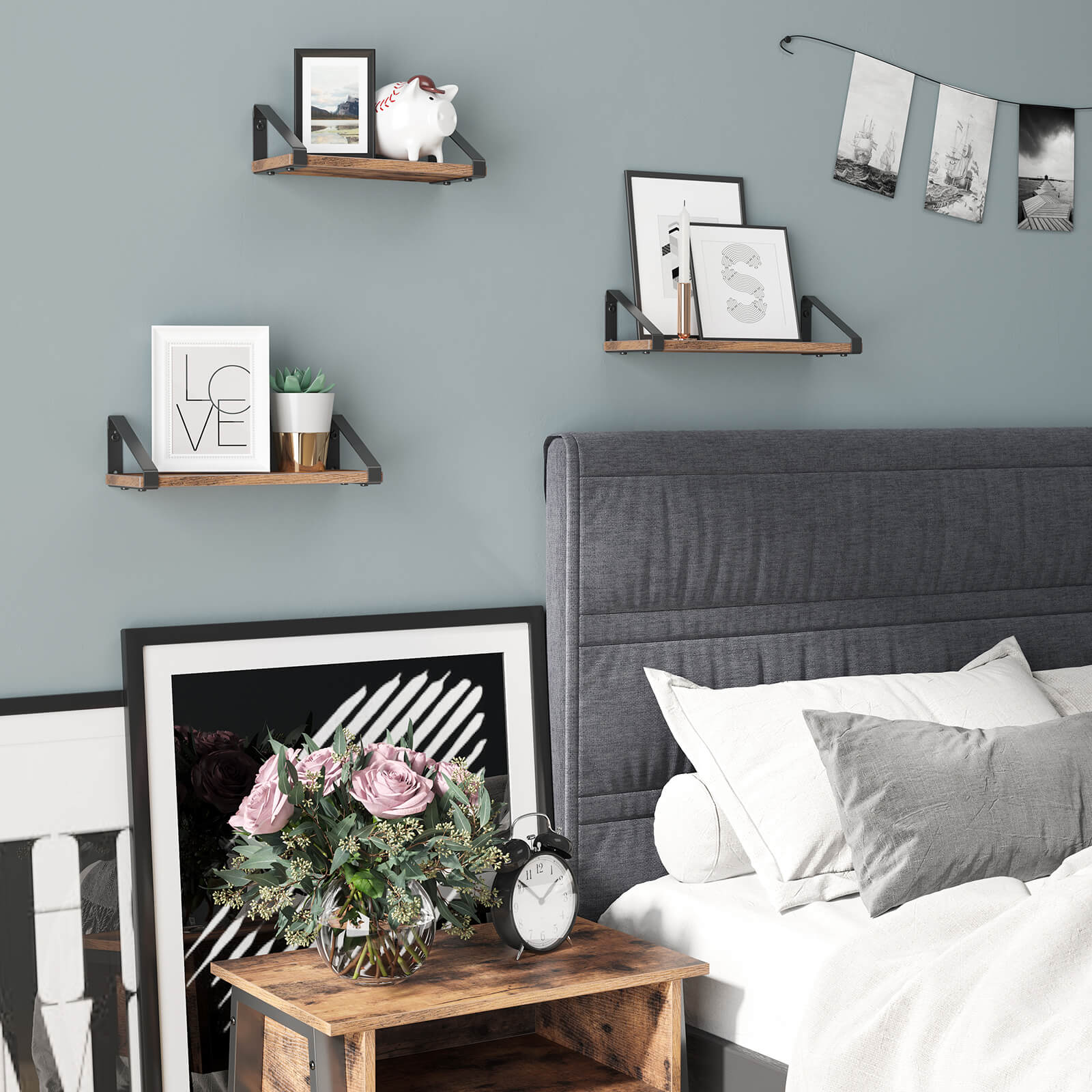 Wandregale 3er-Set – Schwebendes Wandregal im Industriestil – Holzoptik mit Metallhalterungen – Für Wohnzimmer, Bad oder Küche – Rustikales Braun