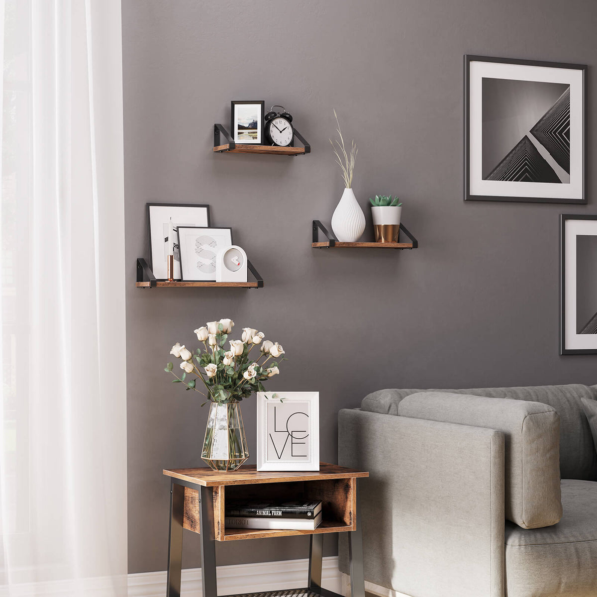 Wandregale 3er-Set – Schwebendes Wandregal im Industriestil – Holzoptik mit Metallhalterungen – Für Wohnzimmer, Bad oder Küche – Rustikales Braun