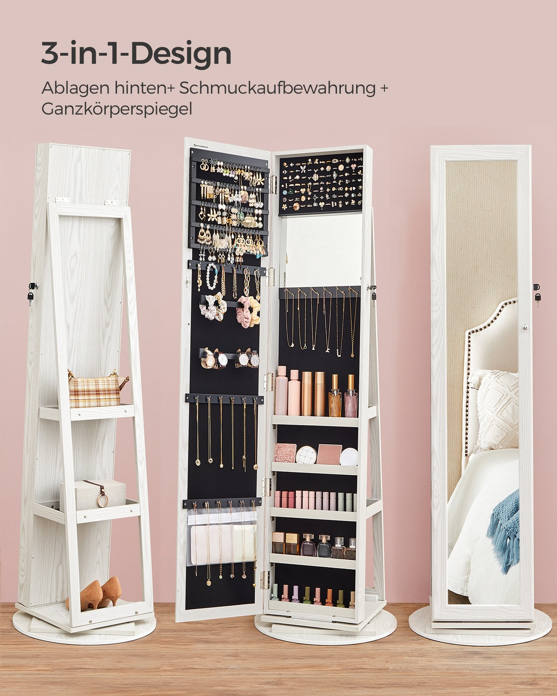 Stehender, 360° drehbarer Schmuckspiegelschrank mit Schloss