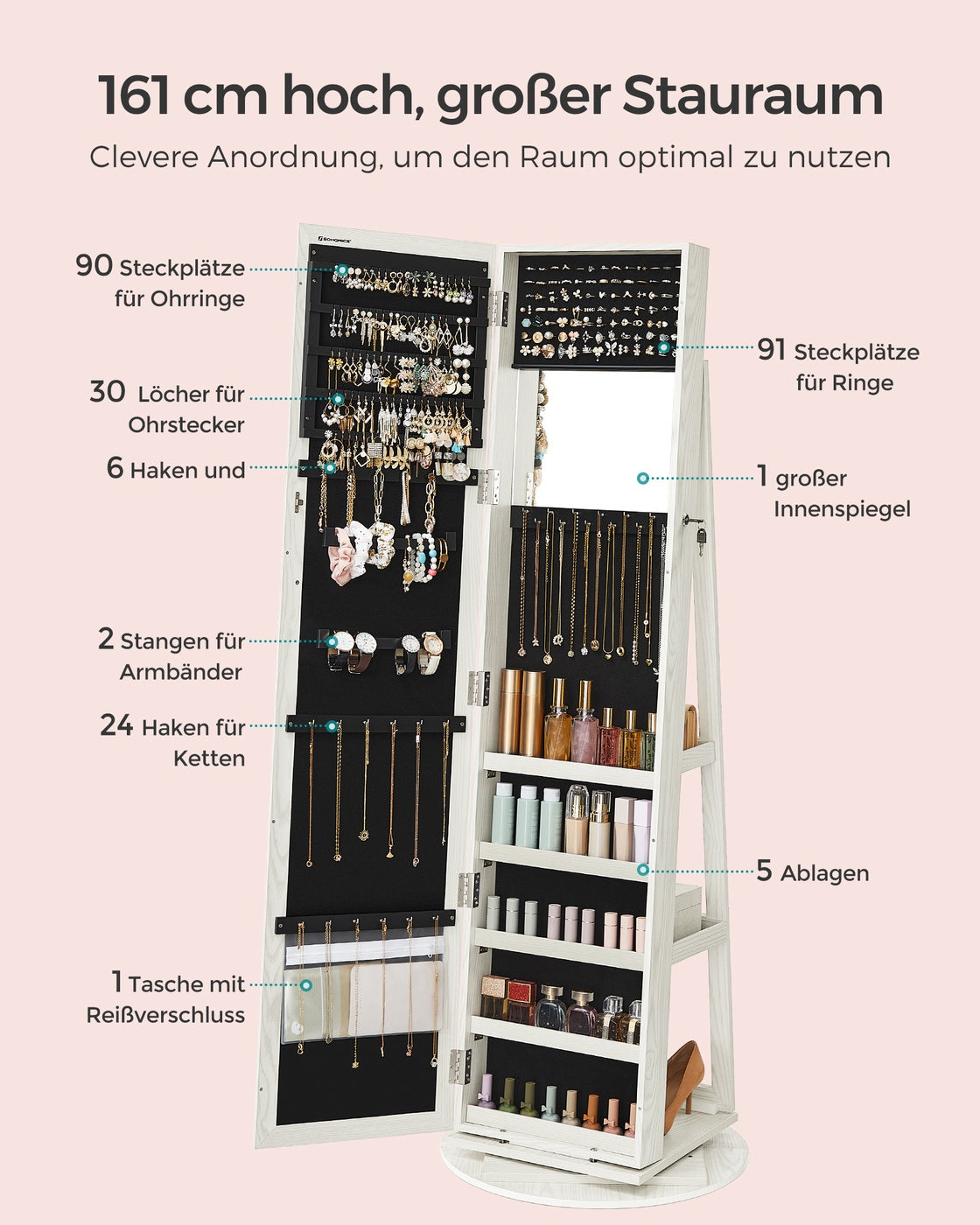 Stehender, 360° drehbarer Schmuckspiegelschrank mit Schloss