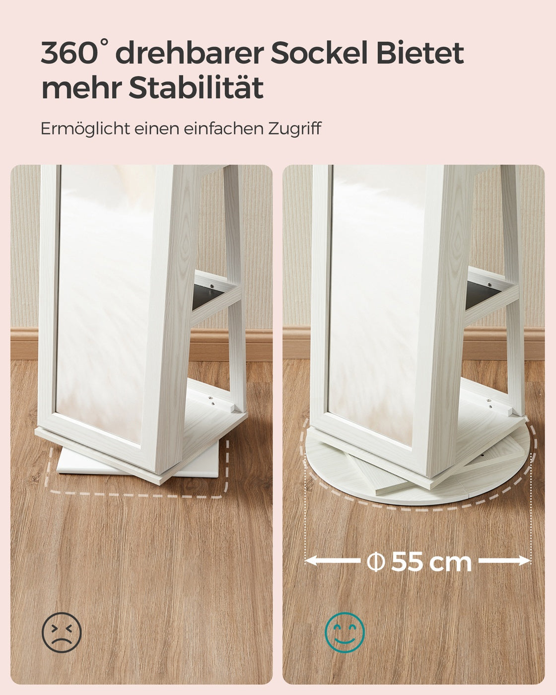 Stehender, 360° drehbarer Schmuckspiegelschrank mit Schloss