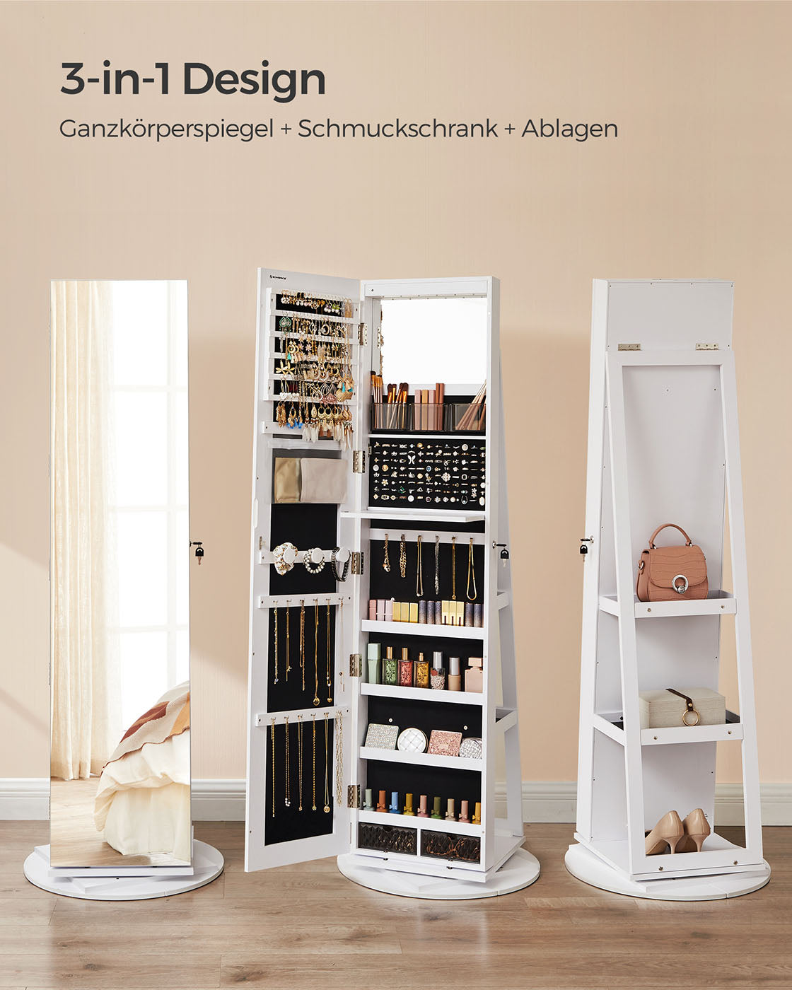 Schmuckschrank mit Spiegel – rahmenloser Ganzkörperspiegel – 360° drehbar – abschließbar – mit LED-Beleuchtung und klappbarem Schminktisch