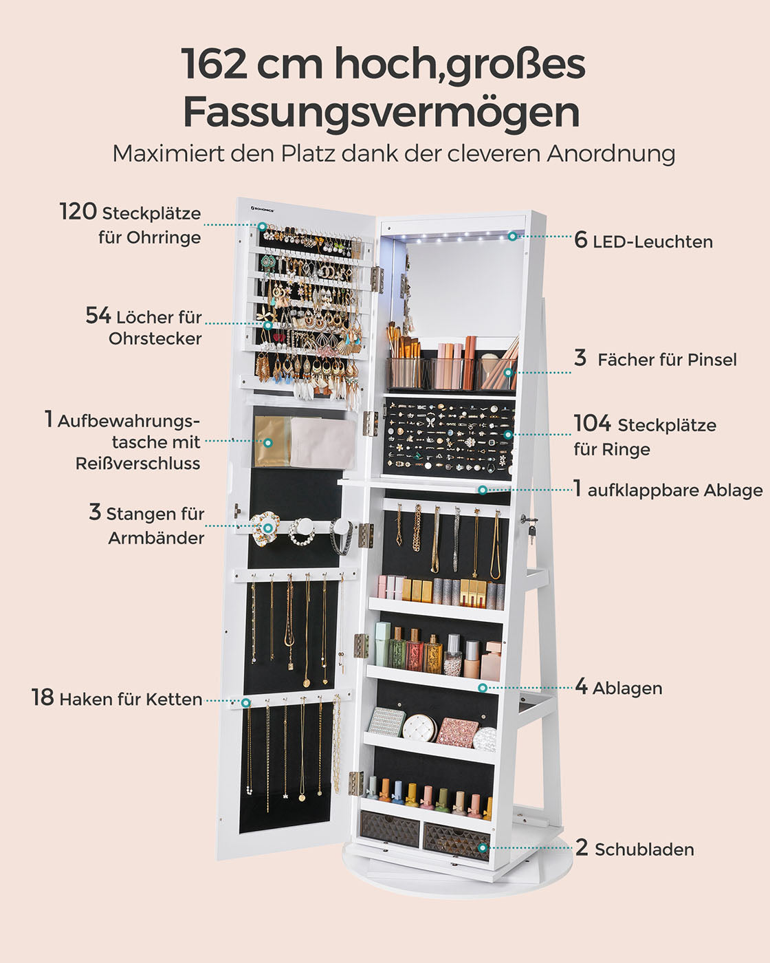 Schmuckschrank mit Spiegel – rahmenloser Ganzkörperspiegel – 360° drehbar – abschließbar – mit LED-Beleuchtung und klappbarem Schminktisch