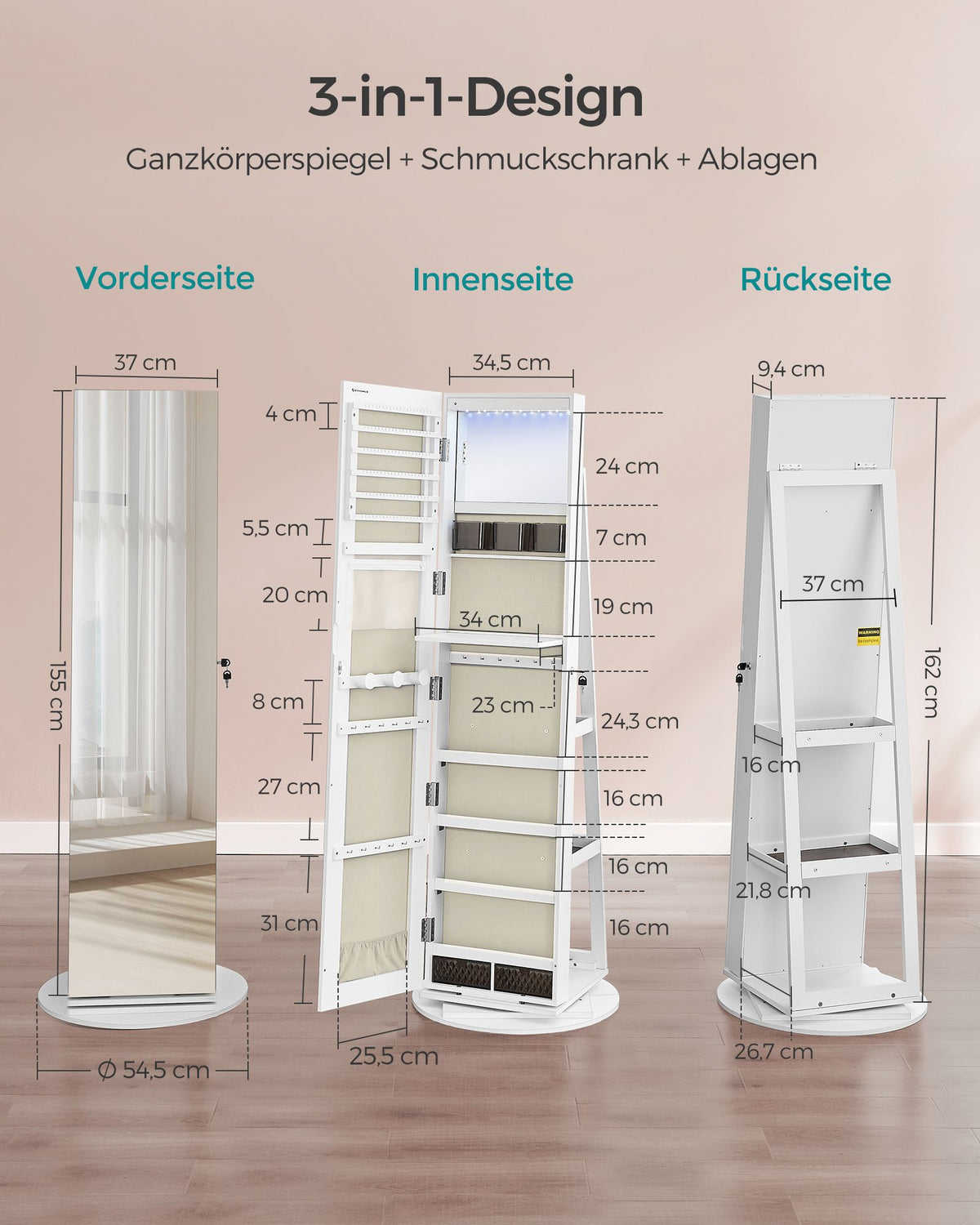 Schmuckschrank mit Spiegel – 360° drehbar – abschließbar – Stand-Schmuckorganizer für das Schlafzimmer