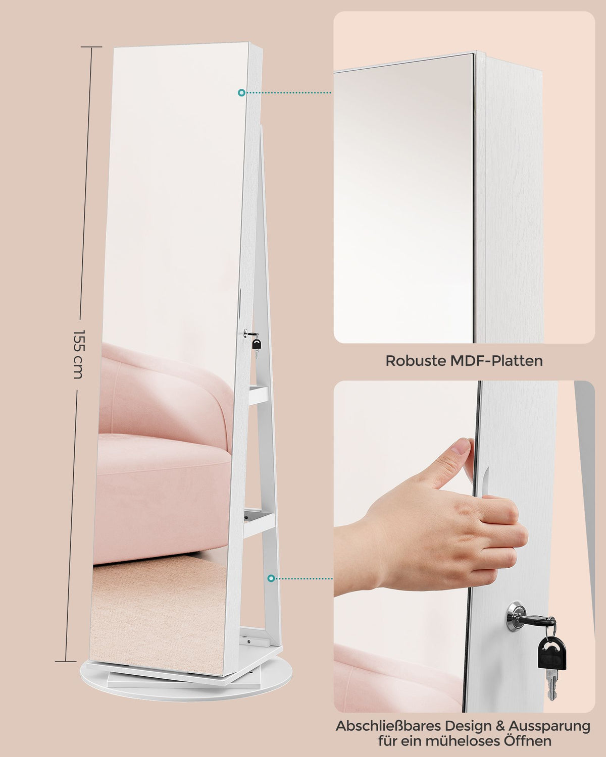 Schmuckschrank mit Spiegel – 360° drehbar – abschließbar – Stand-Schmuckorganizer für das Schlafzimmer