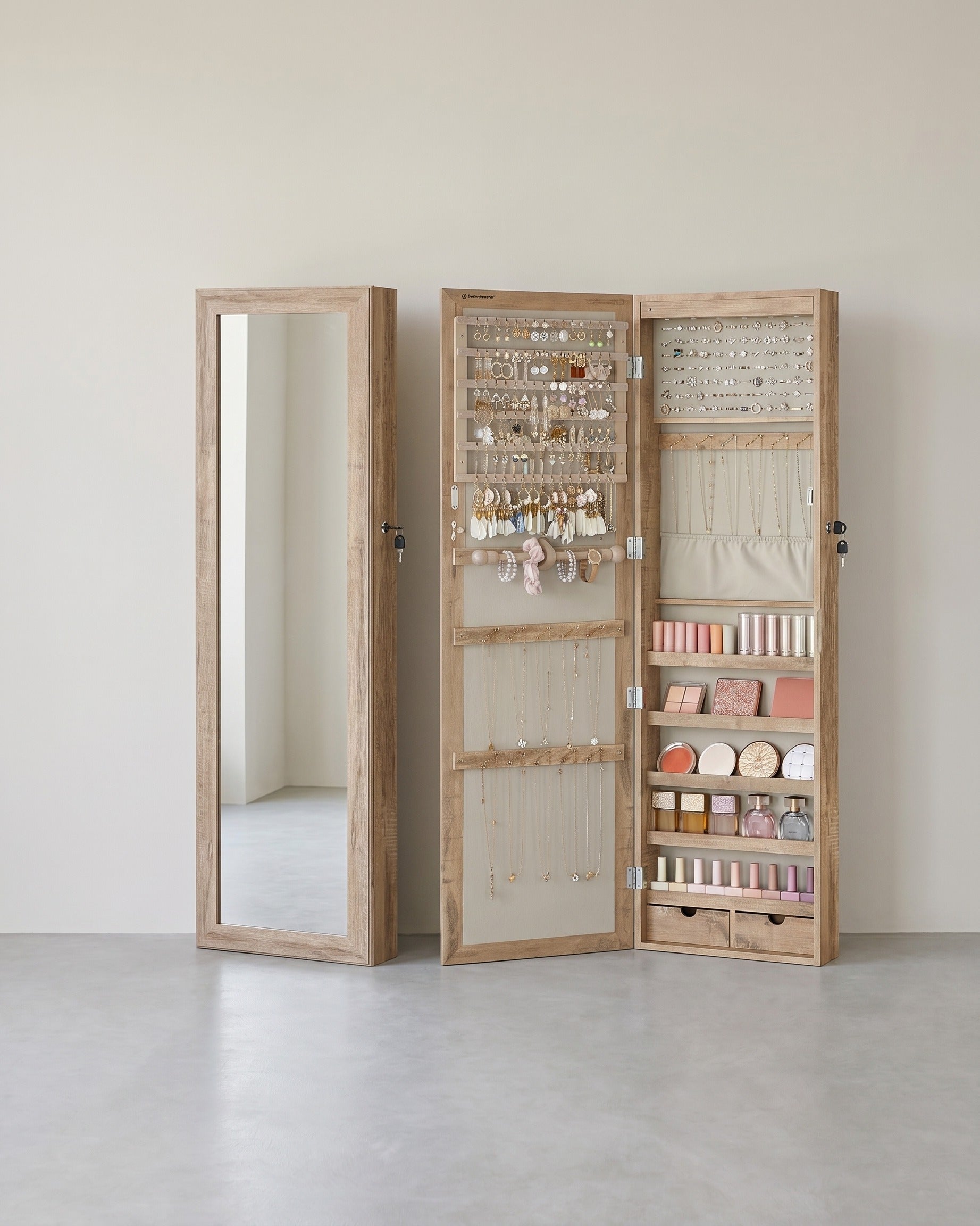 Hängender Schmuckspiegelschrank mit Stauraum – Elegant & Funktional – Eiche