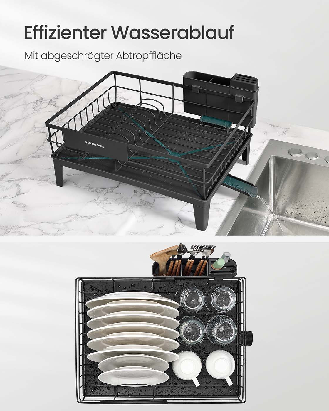 Abtropfgestell mit Besteckhalter – 31 x 42 cm – Rostbeständig – 360° drehbarer Wasserablauf