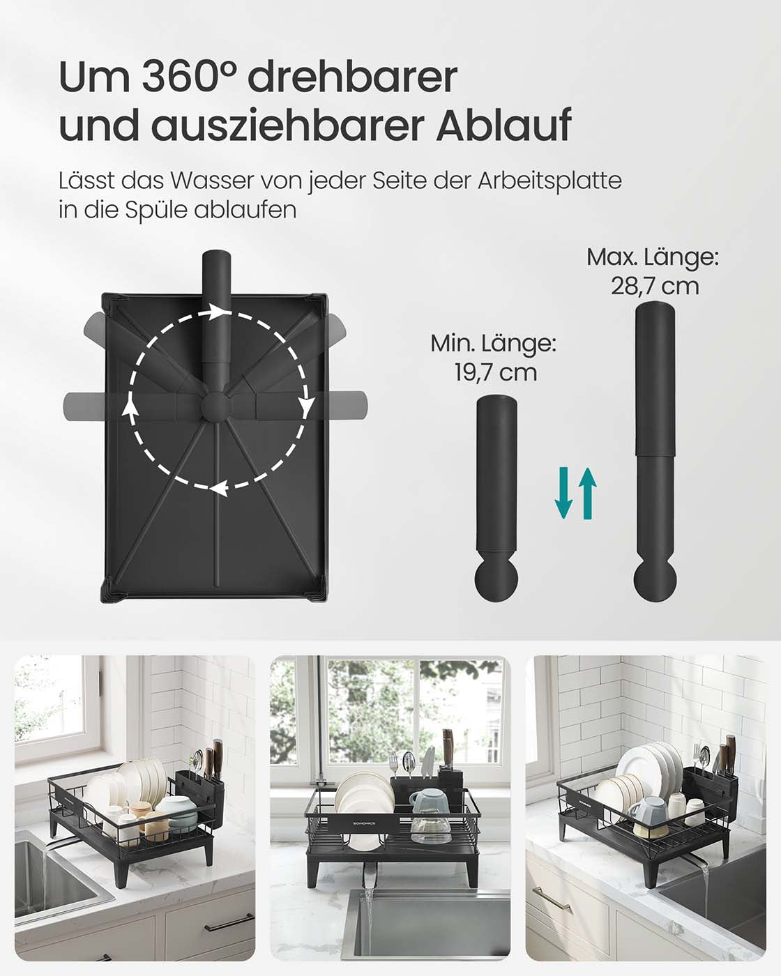 Abtropfgestell mit Besteckhalter – 31 x 42 cm – Rostbeständig – 360° drehbarer Wasserablauf
