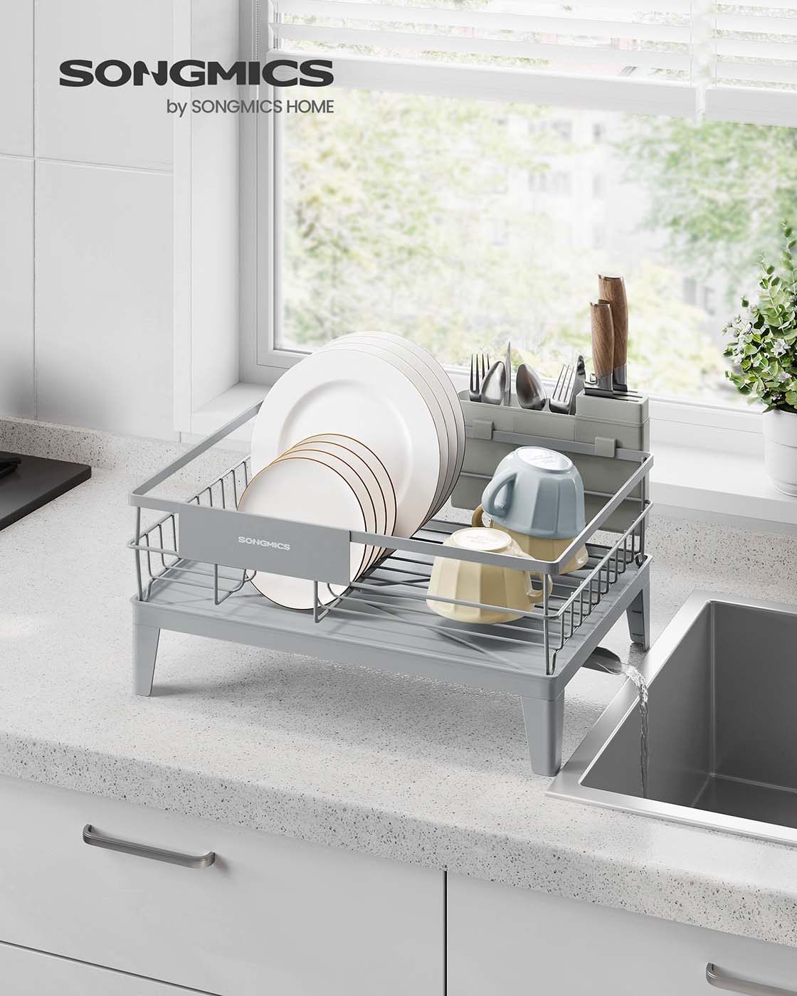 Abtropfgestell mit Besteckhalter – 31 x 42 cm – Rostbeständig – 360° drehbarer Wasserablauf