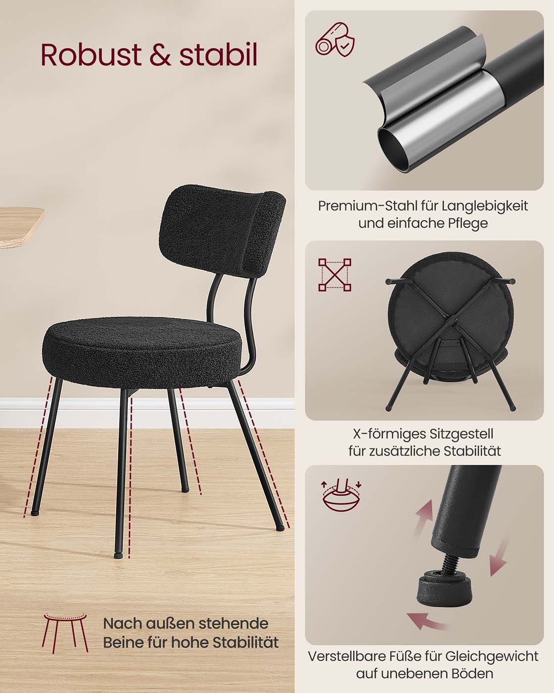 Moderne Esszimmerstühle – 2er-Set – Mit Vlies gepolstert – Runde Sitzfläche mit Rückenlehne